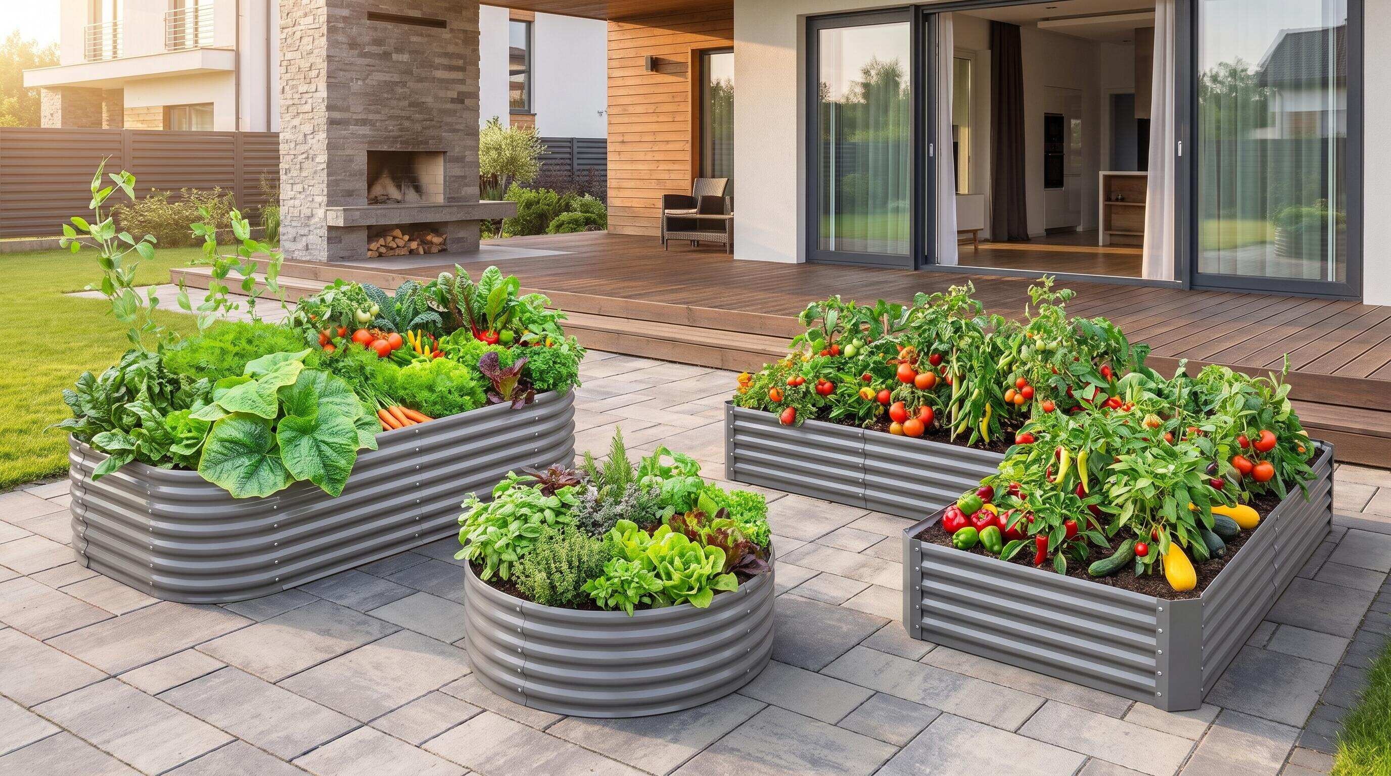 A backyard garden with rectangular, circular, and L-shaped raised beds arranged to fit different yard geometries A backyard garden with rectangular, circular, and L-shaped raised beds arranged to fit different yard geometries