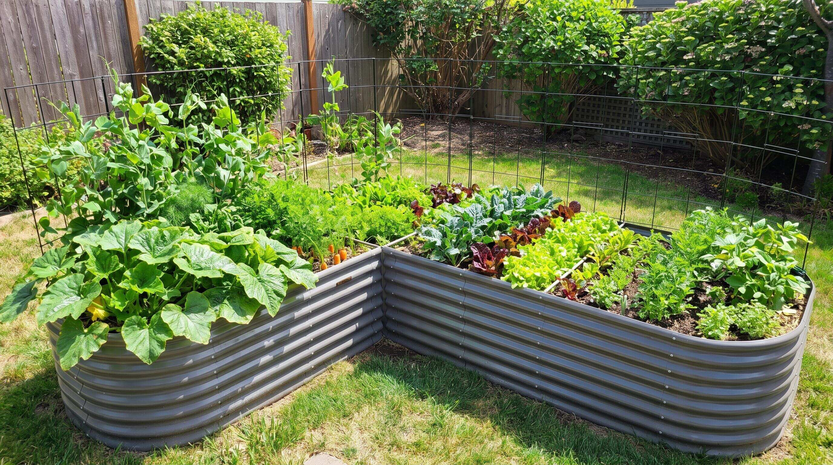 L-shaped and rectangular raised garden beds arranged in a corner yard with clear pathways and planted beds L-shaped and rectangular raised garden beds arranged in a corner yard with clear pathways and planted beds