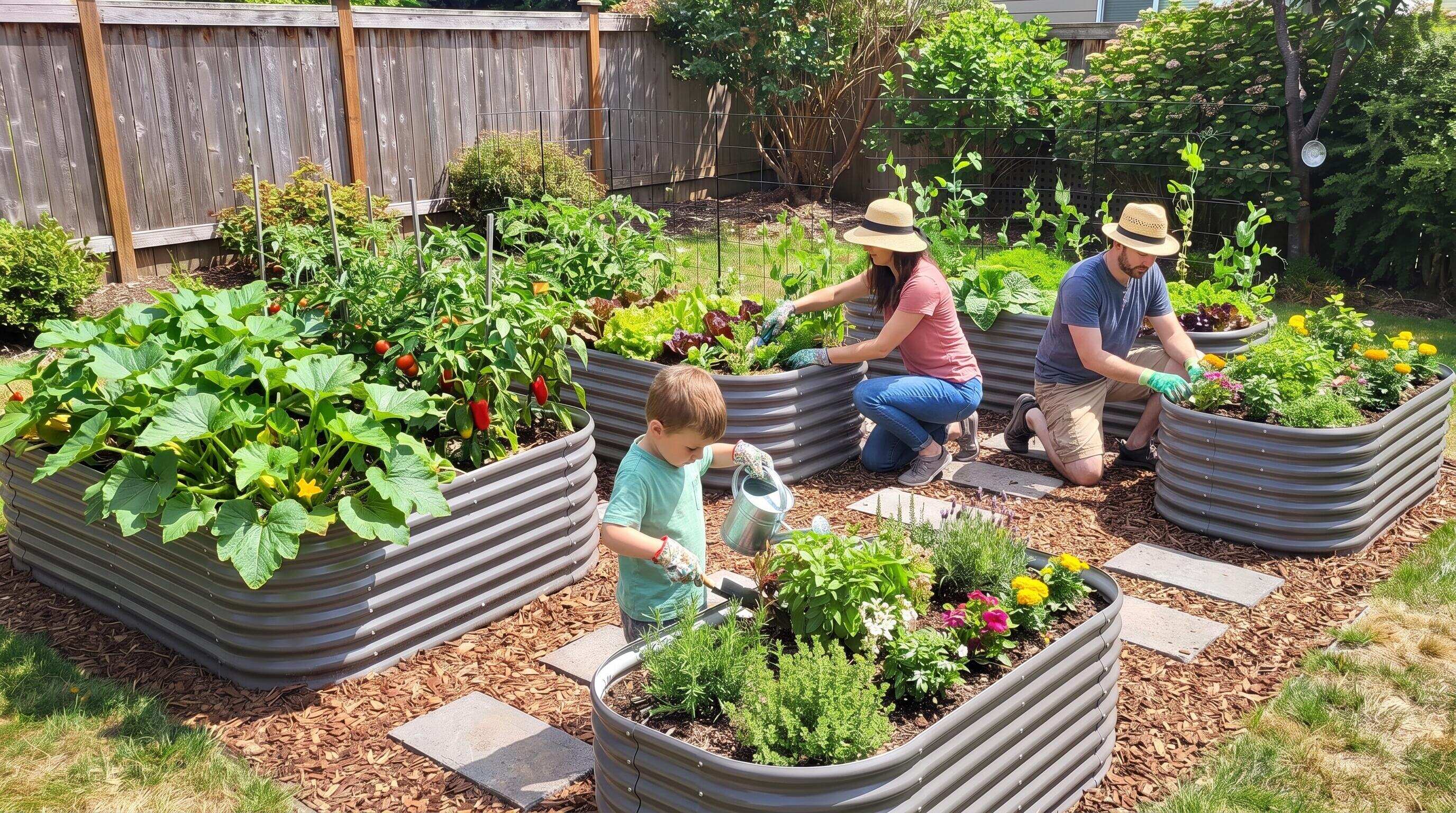 Family using a modular raised bed planting layout with varied bed heights and pathway access Family using a modular raised bed planting layout with varied bed heights and pathway access