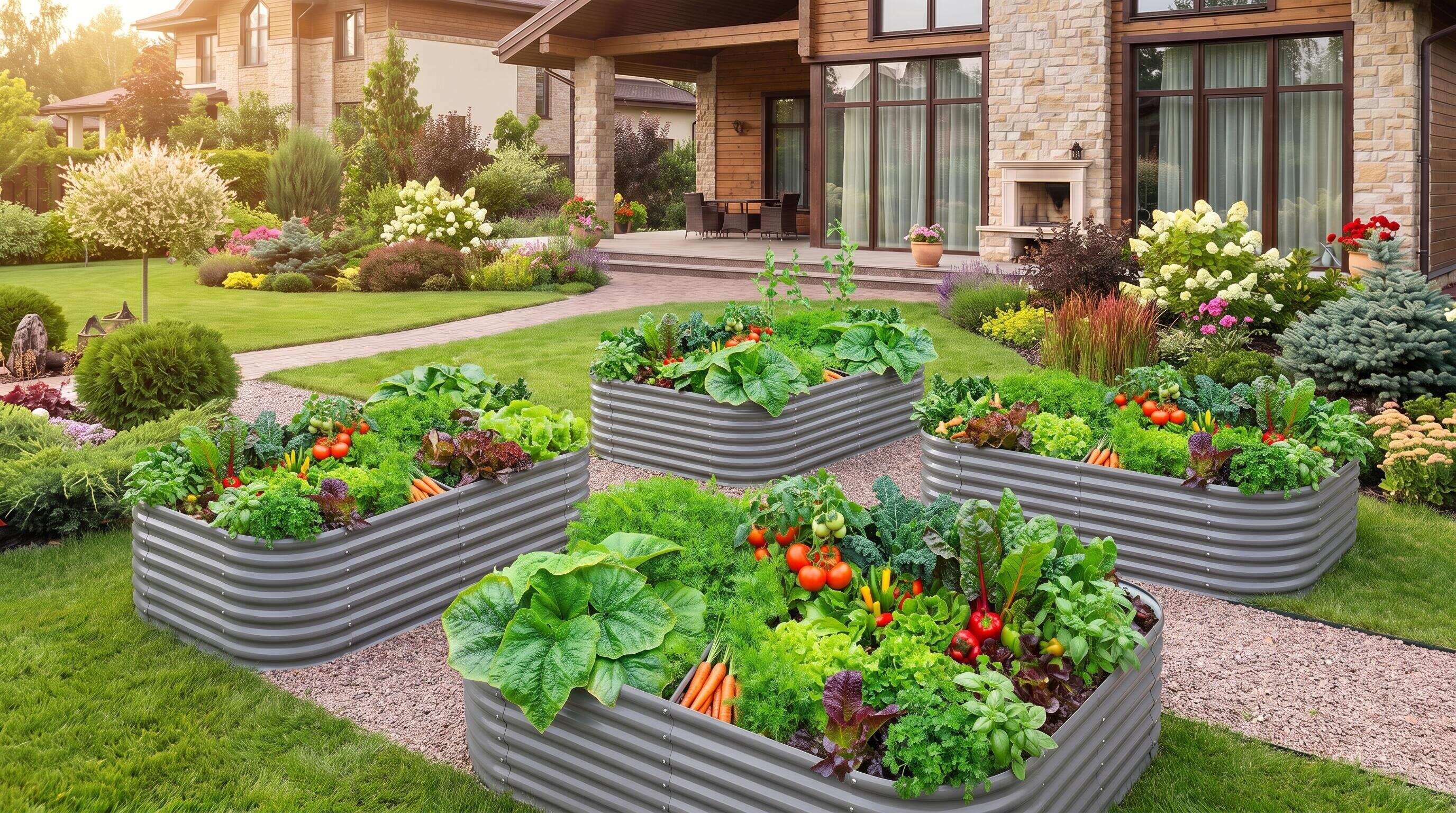 Organized multi-generational raised bed planting layout with accessible pathways and varied bed heights Organized multi-generational raised bed planting layout with accessible pathways and varied bed heights