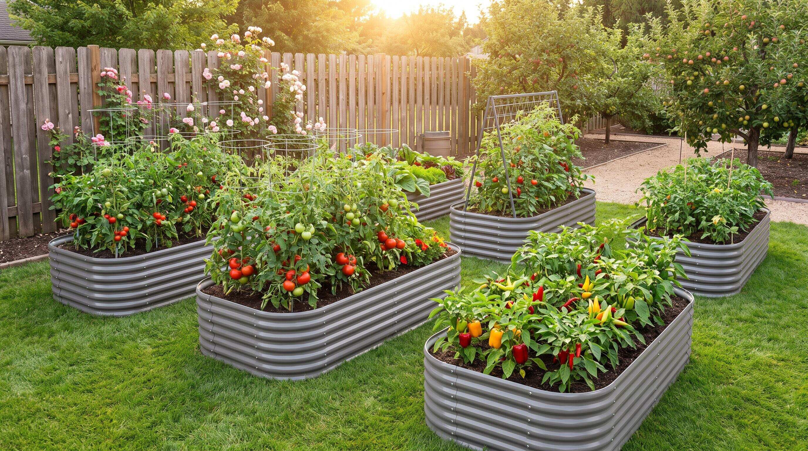 A modular raised bed garden layout with multiple connected beds in a backyard setting A modular raised bed garden layout with multiple connected beds in a backyard setting