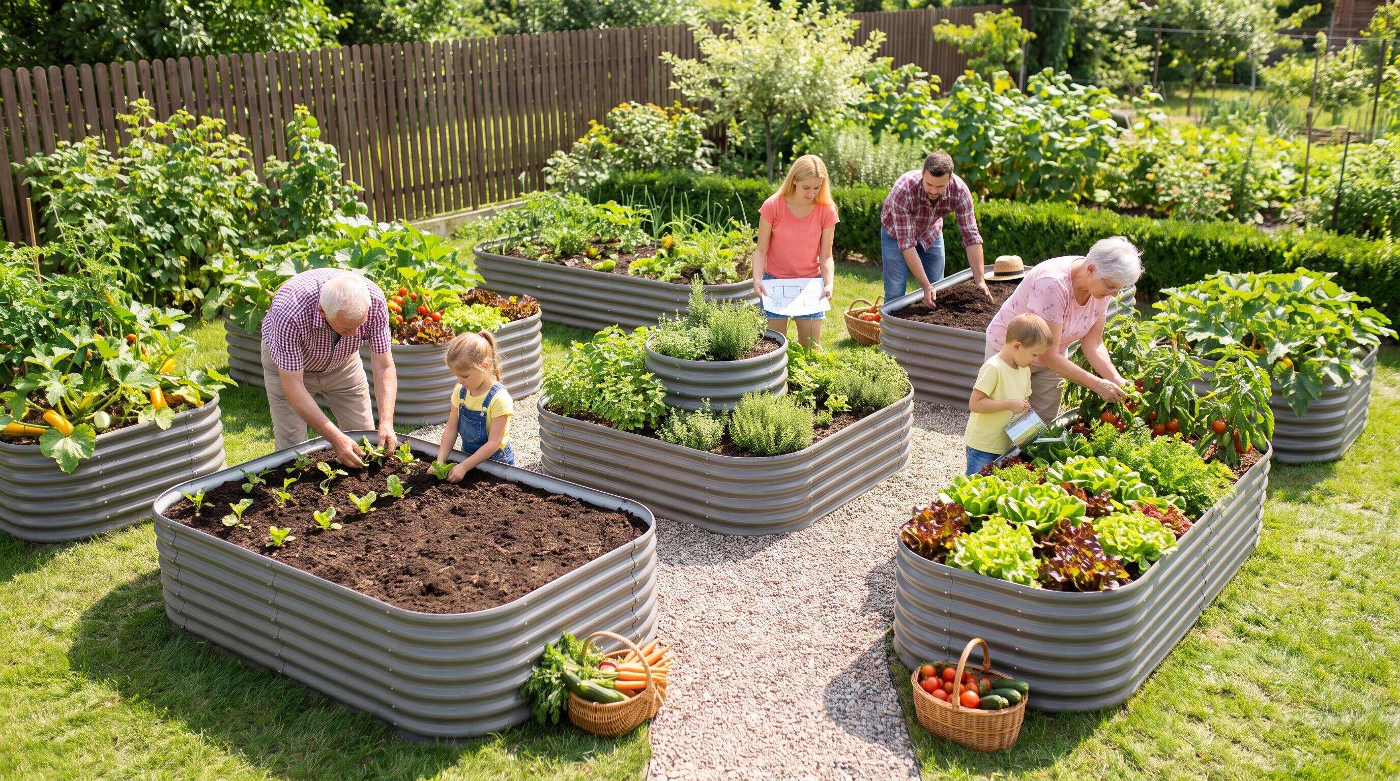 A multi-generational family working together in a shared backyard raised bed garden layout A multi-generational family working together in a shared backyard raised bed garden layout