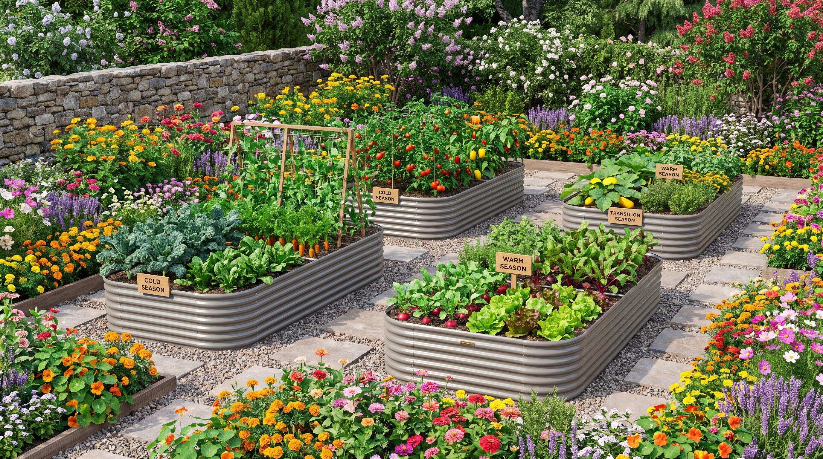 Multi-bed raised bed garden layout showing succession planting zones and pathway access design