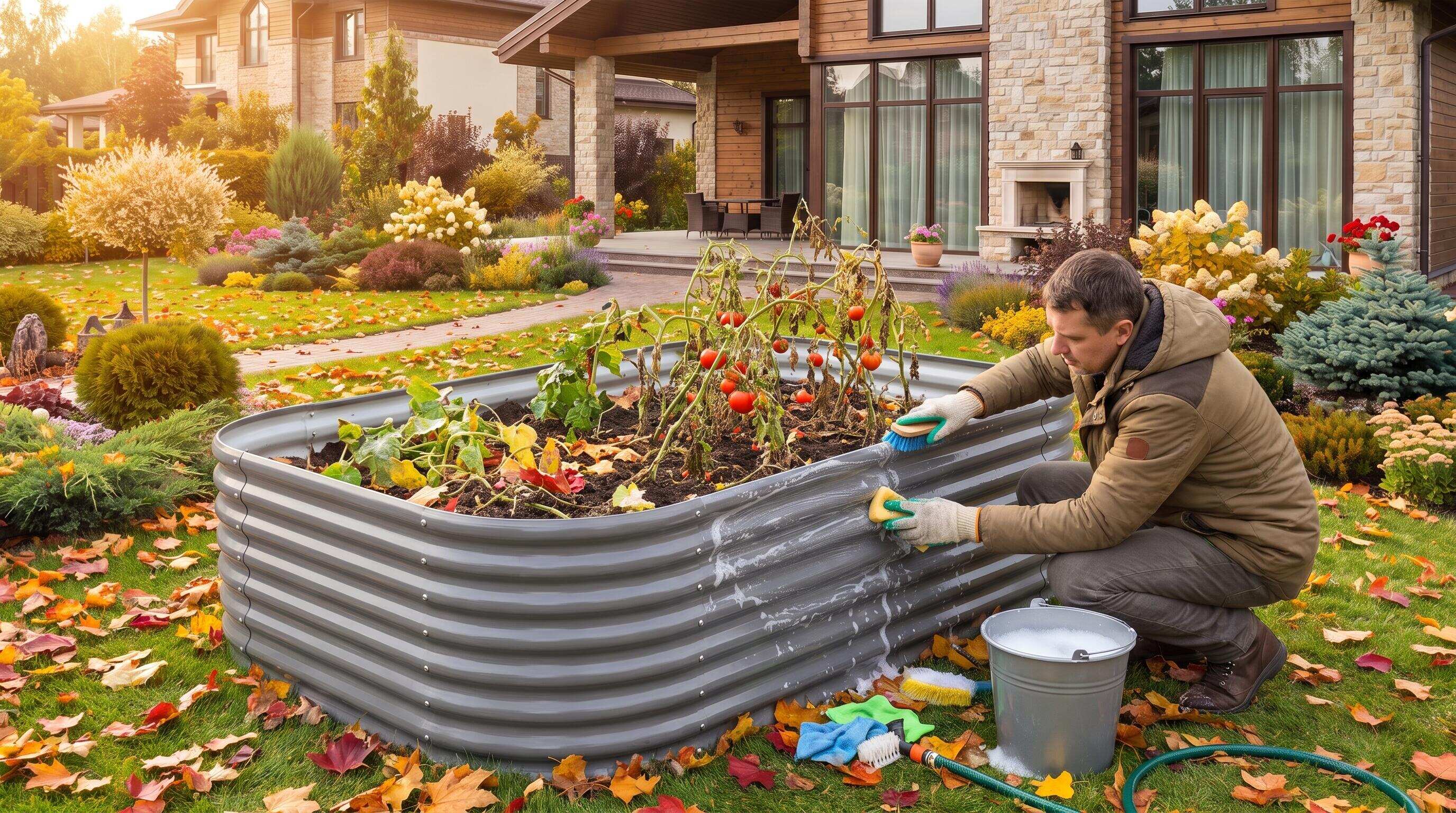 Galvanized steel raised bed being cleaned and inspected during fall garden preparation Galvanized steel raised bed being cleaned and inspected during fall garden preparation