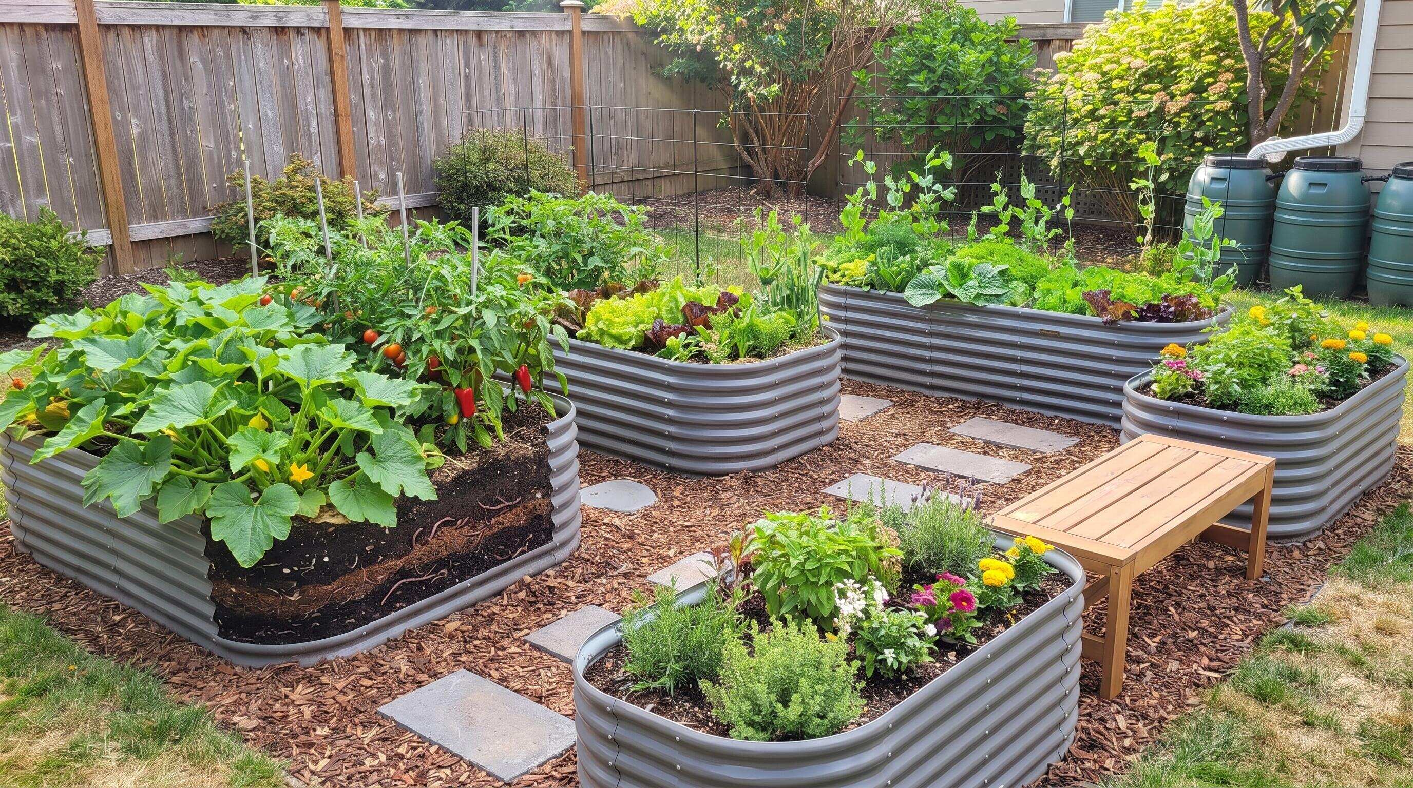 Organic raised bed garden layout with soil system and companion planting