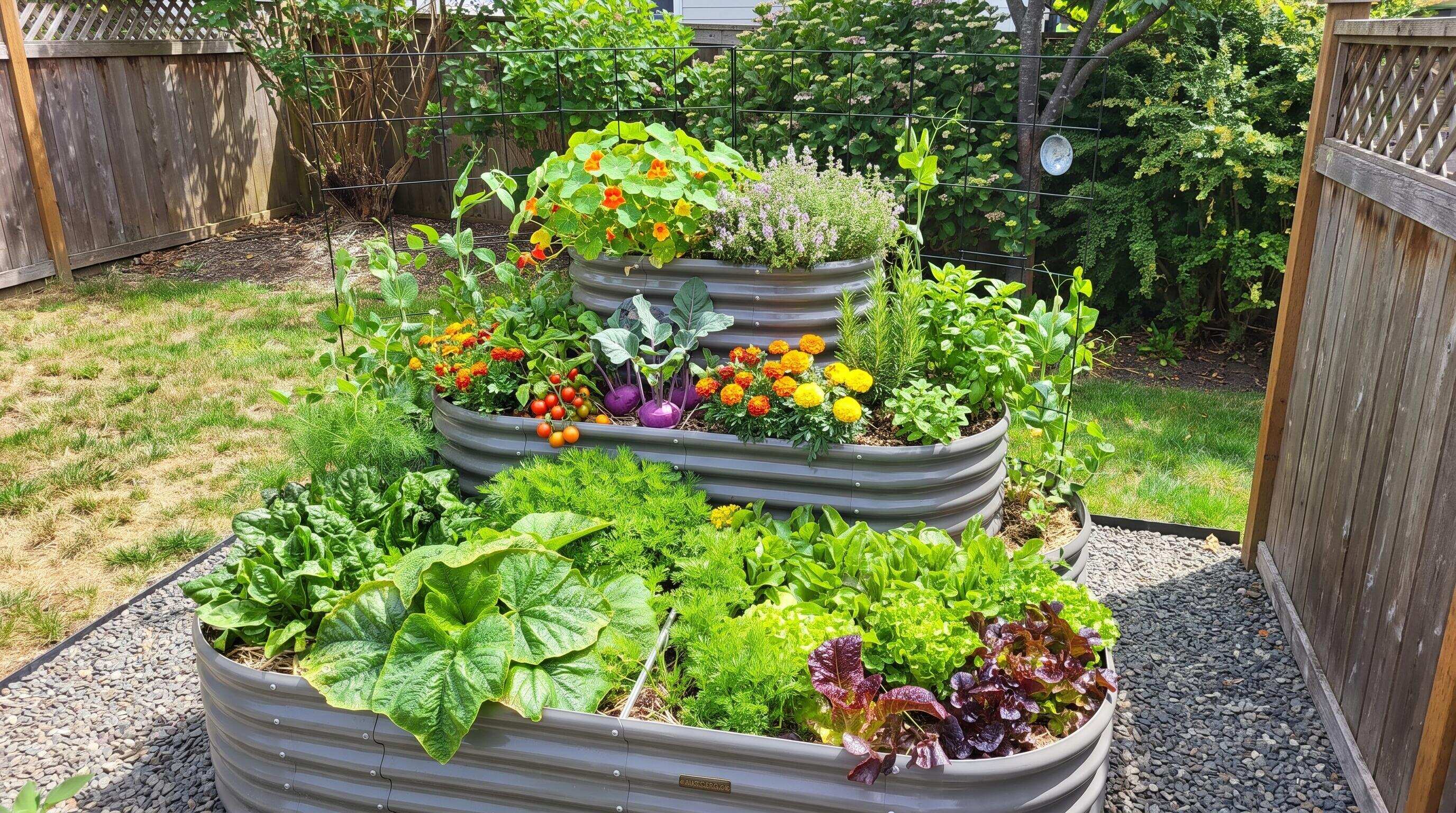 Raised bed planting layout with colorful flowers and vegetables arranged in a tiered family garden corner Raised bed planting layout with colorful flowers and vegetables arranged in a tiered family garden corner