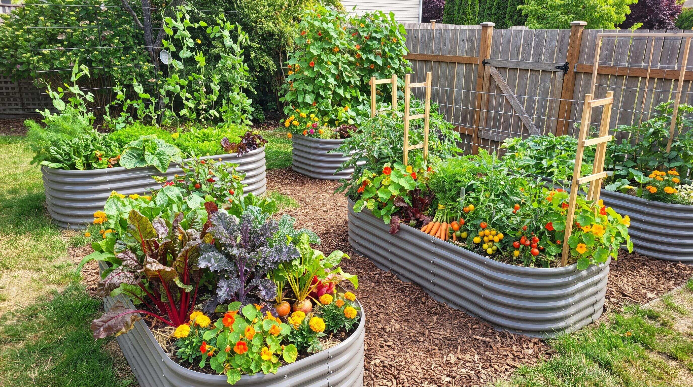 Backyard raised bed planting layout with pathways and vertical garden structures Backyard raised bed planting layout with pathways and vertical garden structures