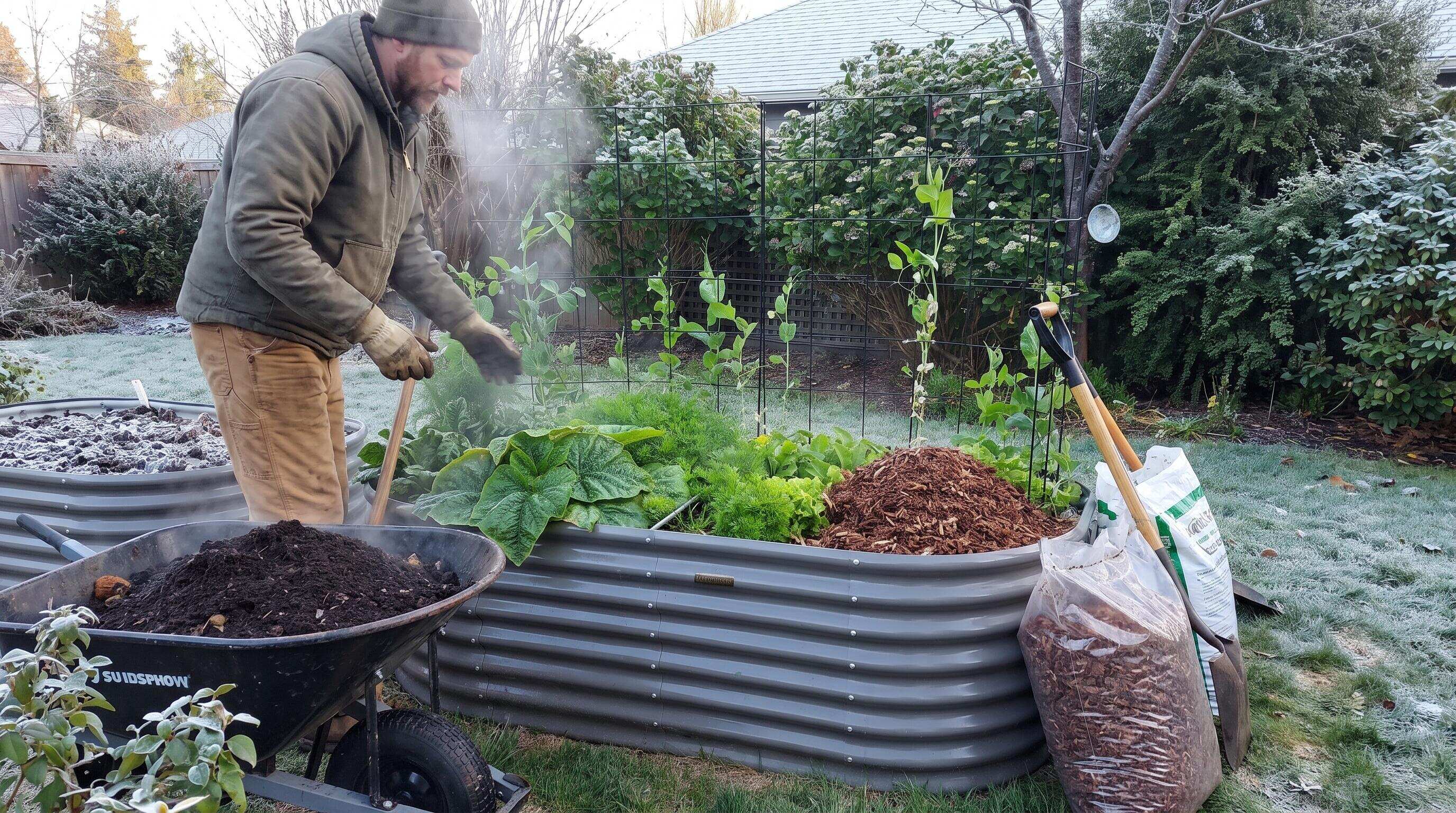 Raised garden bed soil preparation in autumn with compost and mulch layers Raised garden bed soil preparation in autumn with compost and mulch layers