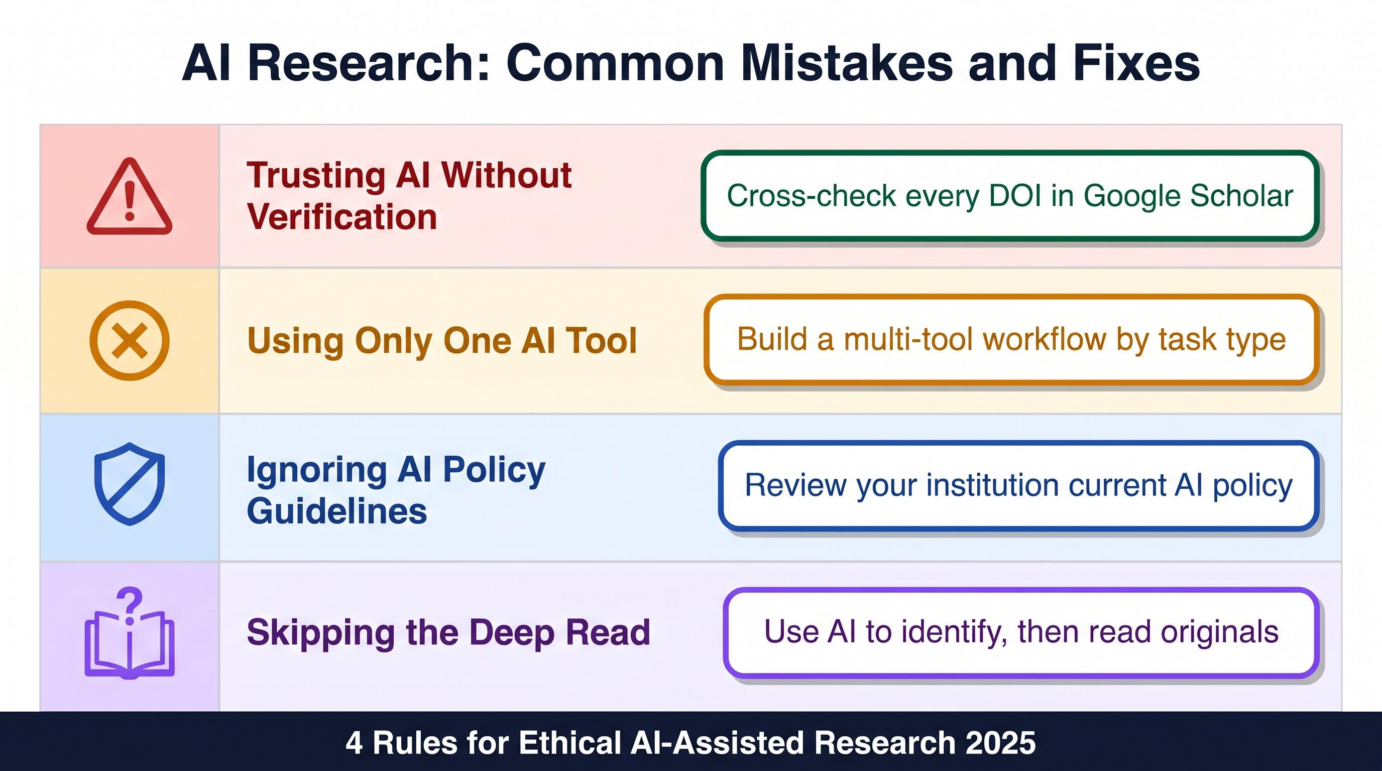 Infographic showing step-by-step AI research workflow for students from question to final paper