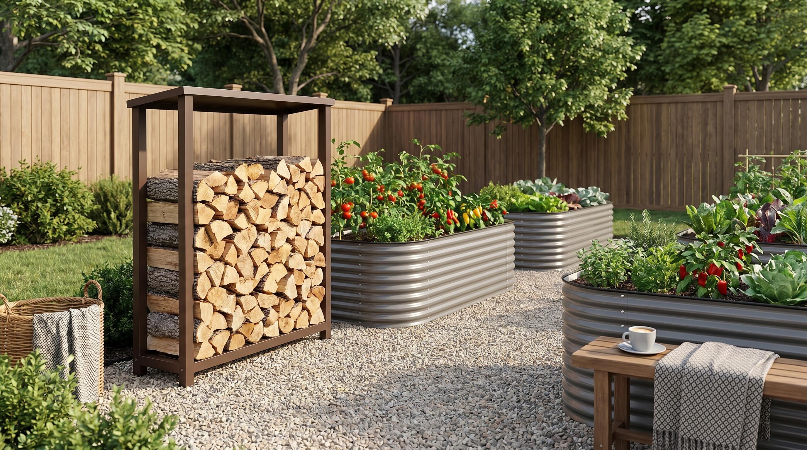 Neatly organized firewood log rack beside raised garden beds in a suburban backyard setting