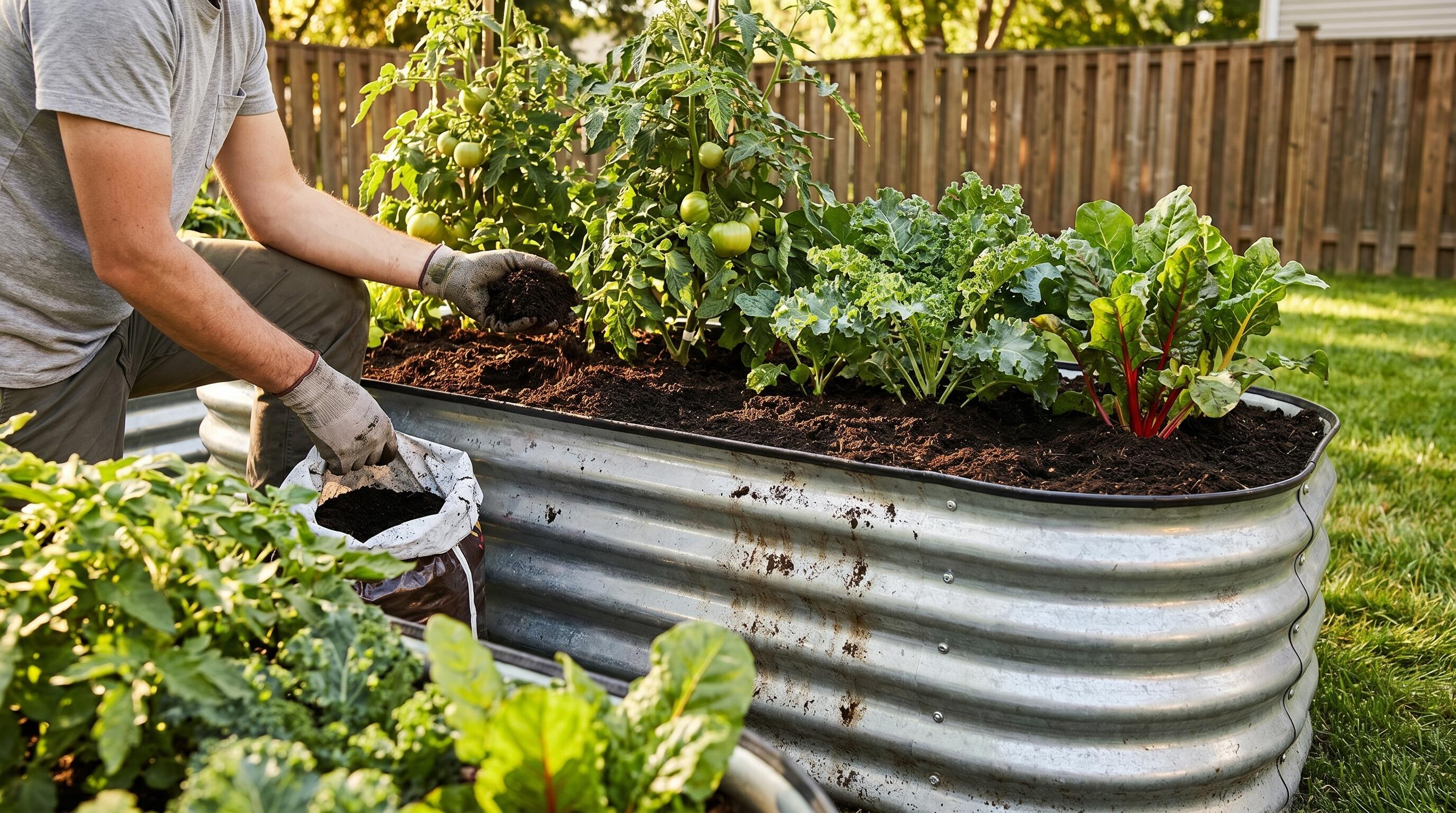 Gardener applying compost top dressing to raised metal garden bed with vegetables growing in summer