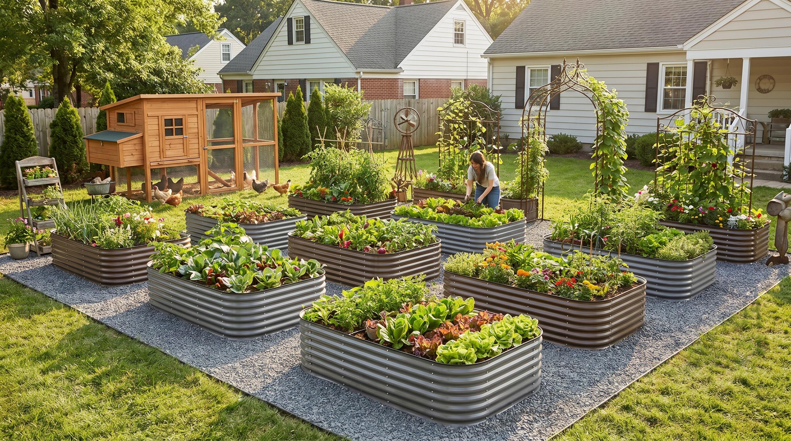 Integrated raised garden bed ecosystem with metal beds, pathways, and planting zones