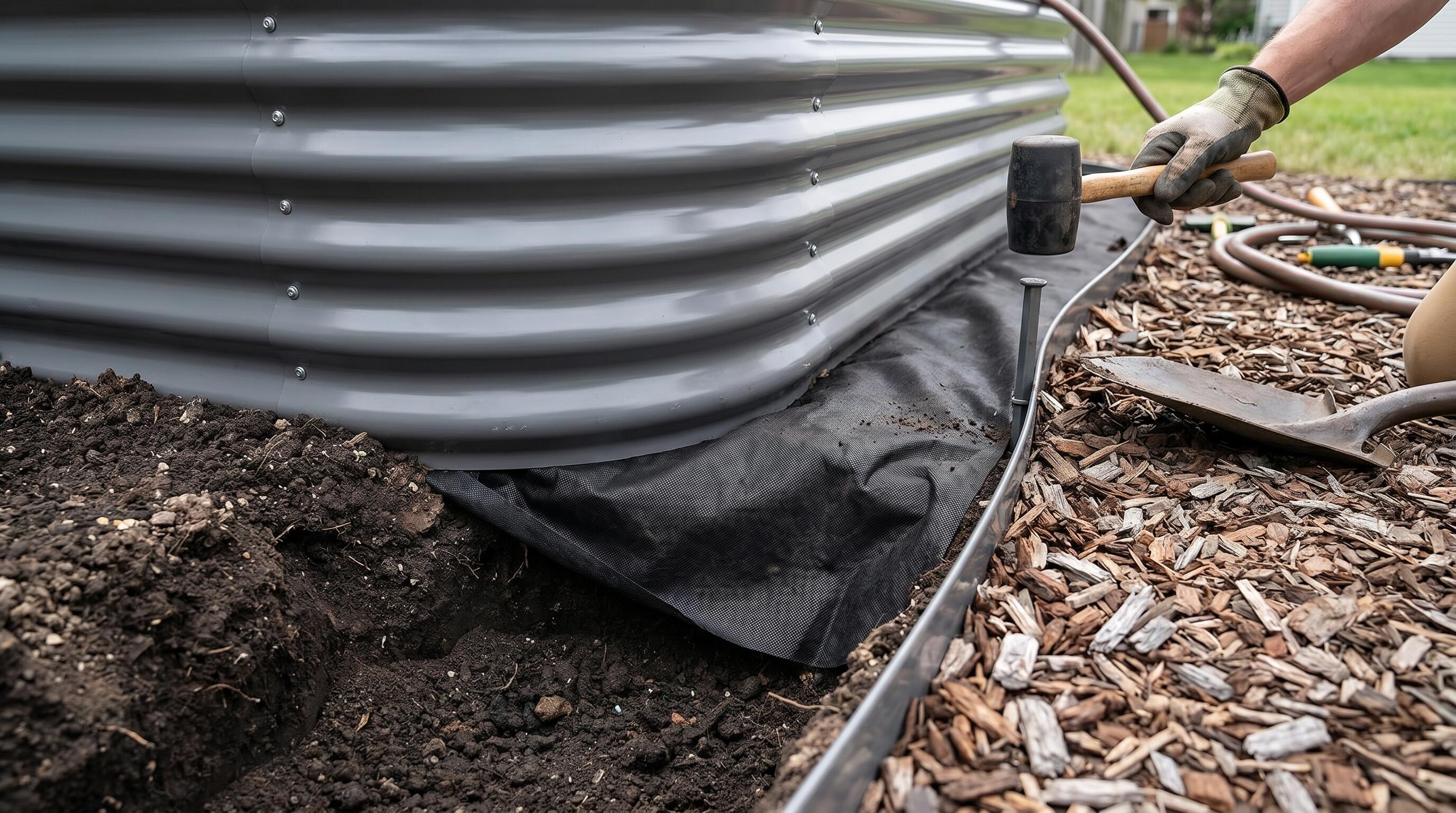 Layered weed barrier installation around metal raised garden beds with edging and wood chip mulch