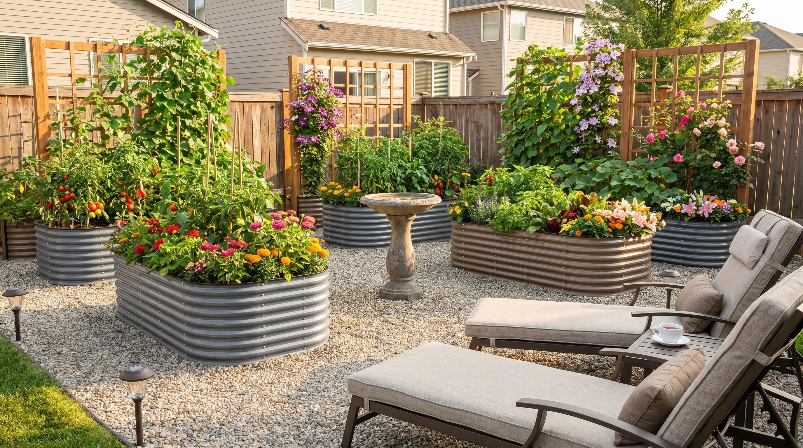 A harmonious raised bed garden layout with galvanized steel beds, clear gravel pathways, vertical trellises, and comfortable seating area