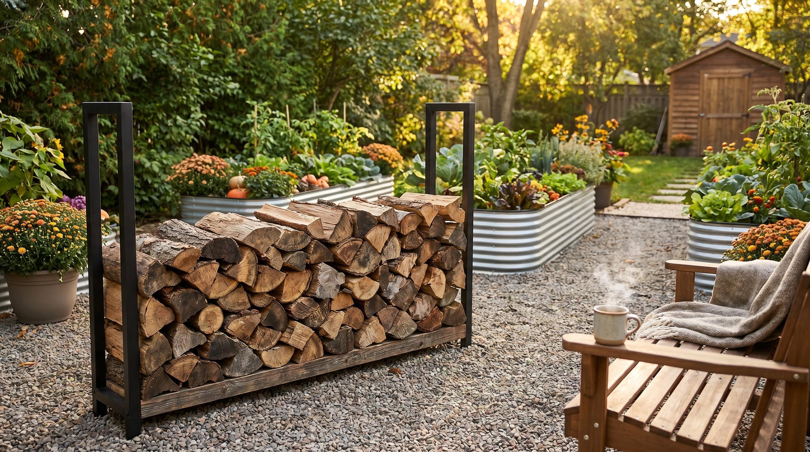 Firewood log rack ideas for organizing outdoor space with stacked wood and garden backdrop
