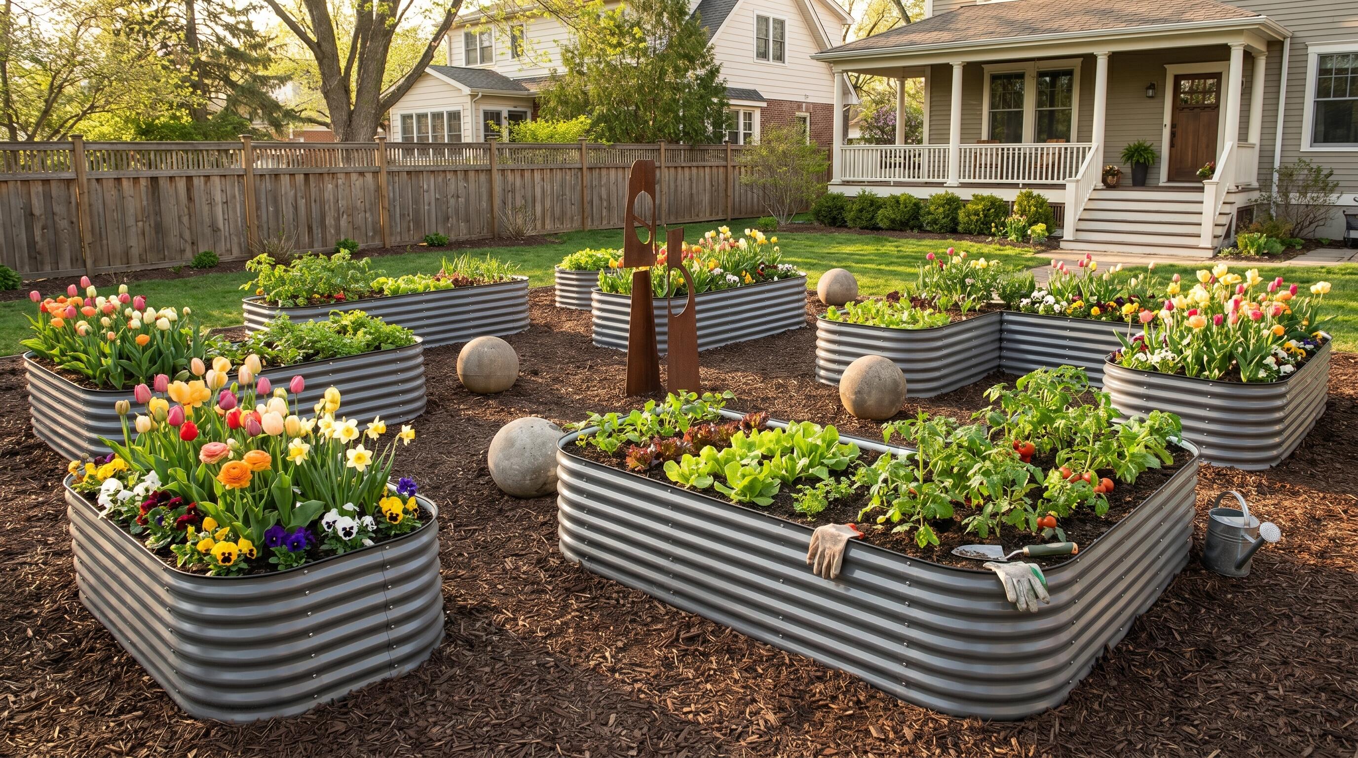 Raised garden bed layout with metal beds and decorative garden accessories in spring setting