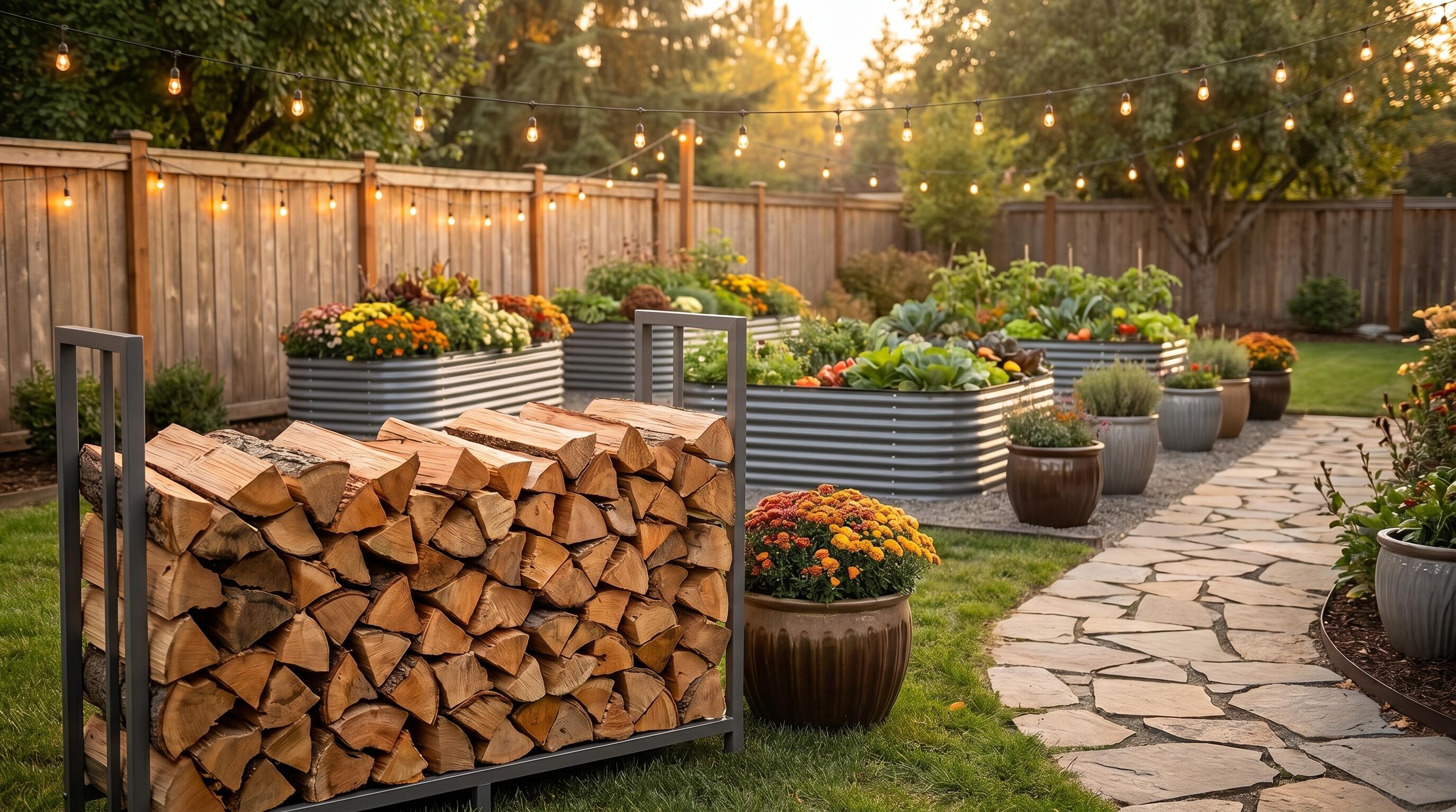 Firewood log rack ideas for outdoor organization with garden decor and raised beds in background