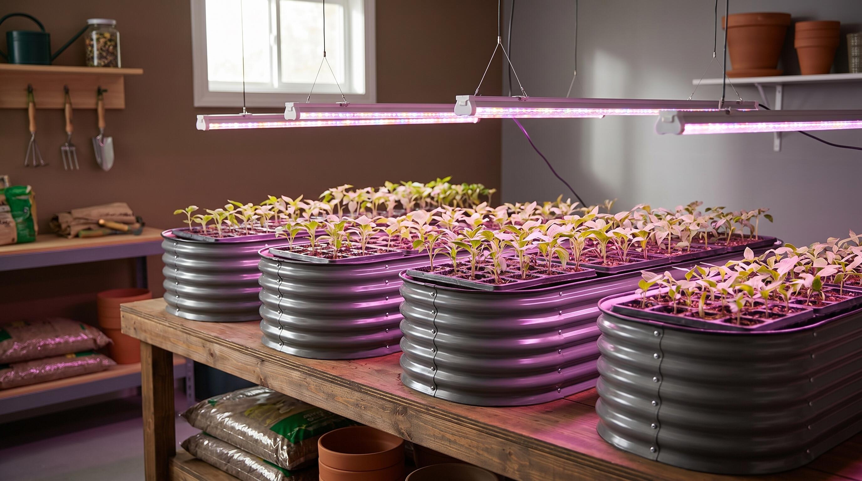 LED grow lights illuminating seed trays indoors for fall planting season preparation