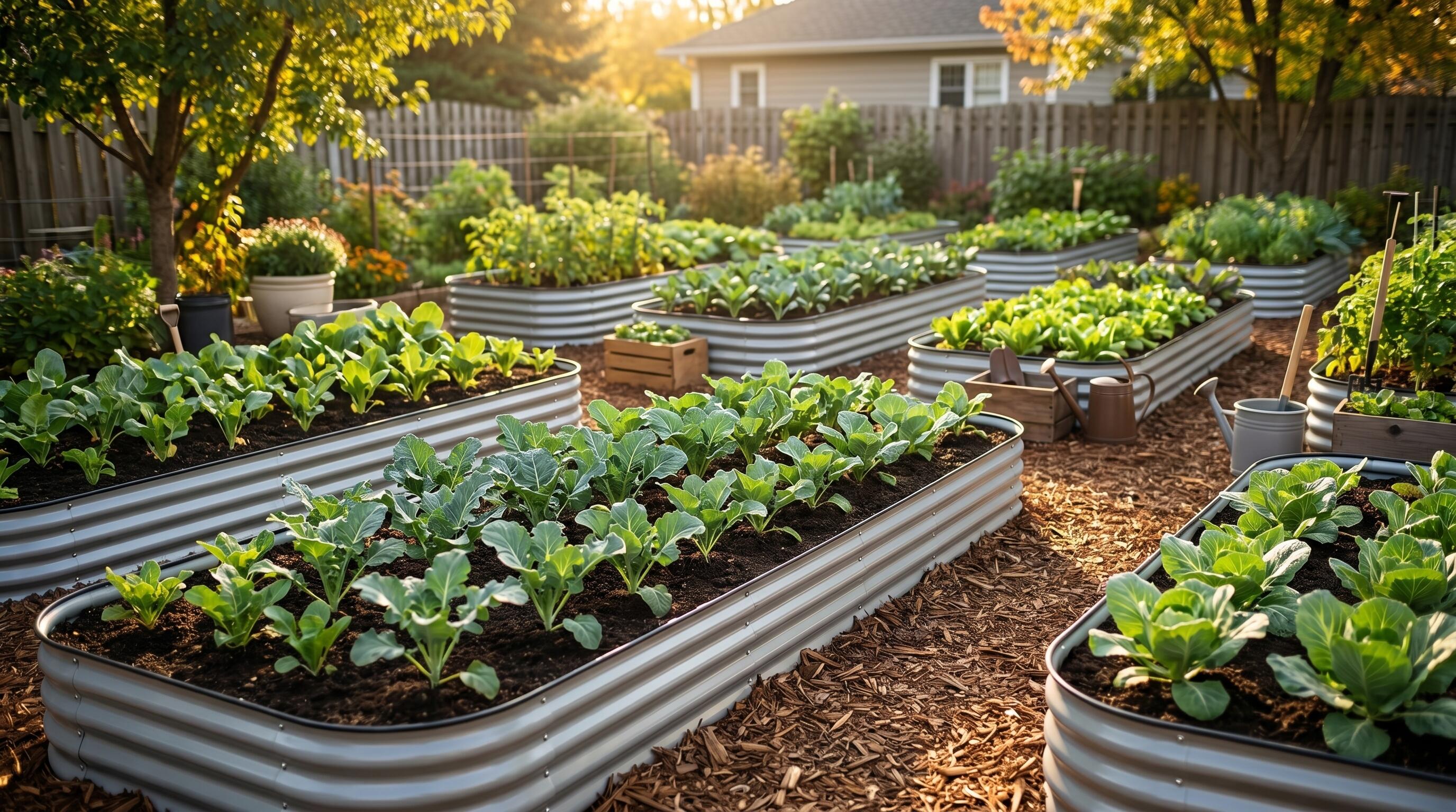 Hardened seedlings transplanted into metal raised garden beds ready for fall growing season