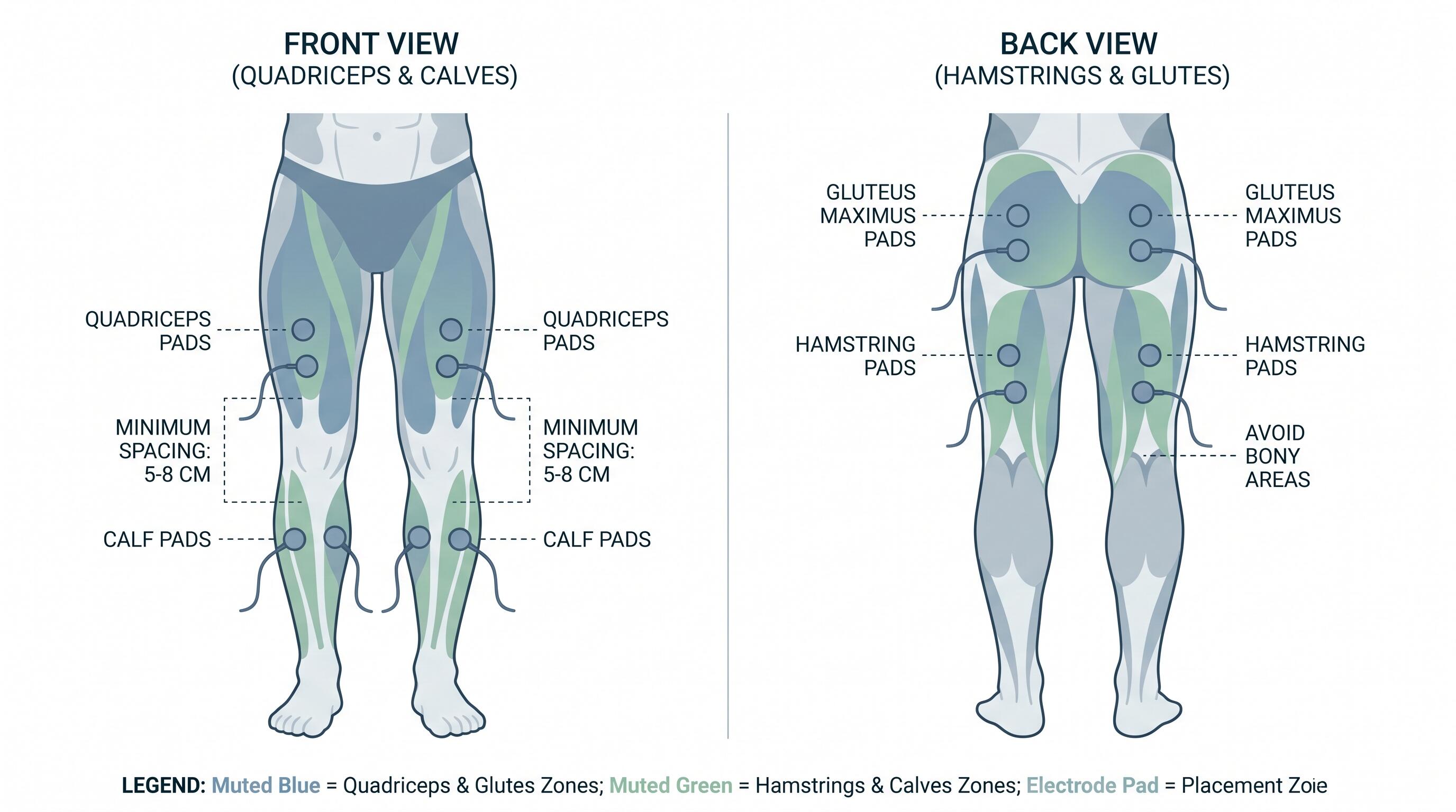Electrode placement diagram showing EMS pads positioned on quadriceps, hamstrings, and glutes for home training