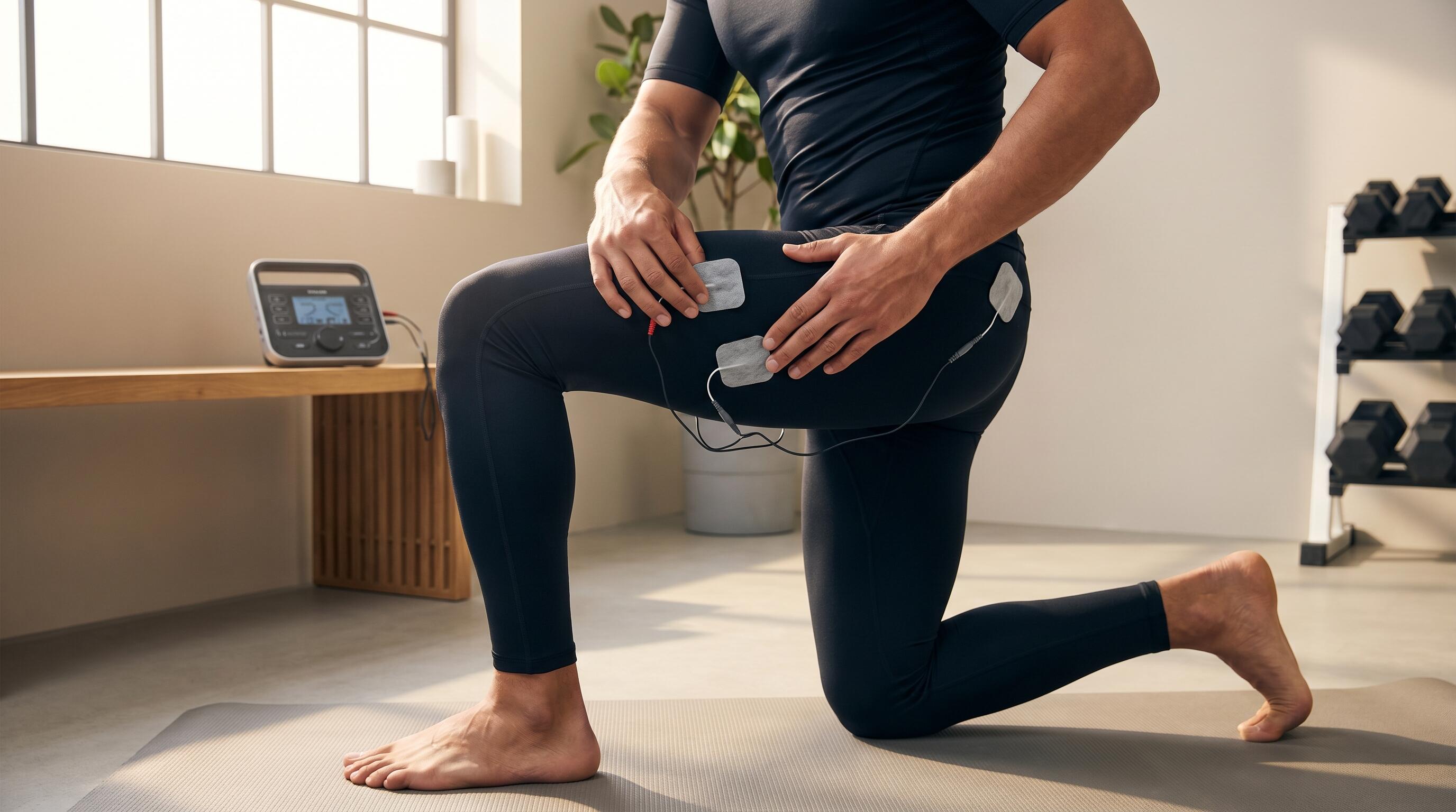 A person using EMS muscle stimulator on legs and glutes during home workout session