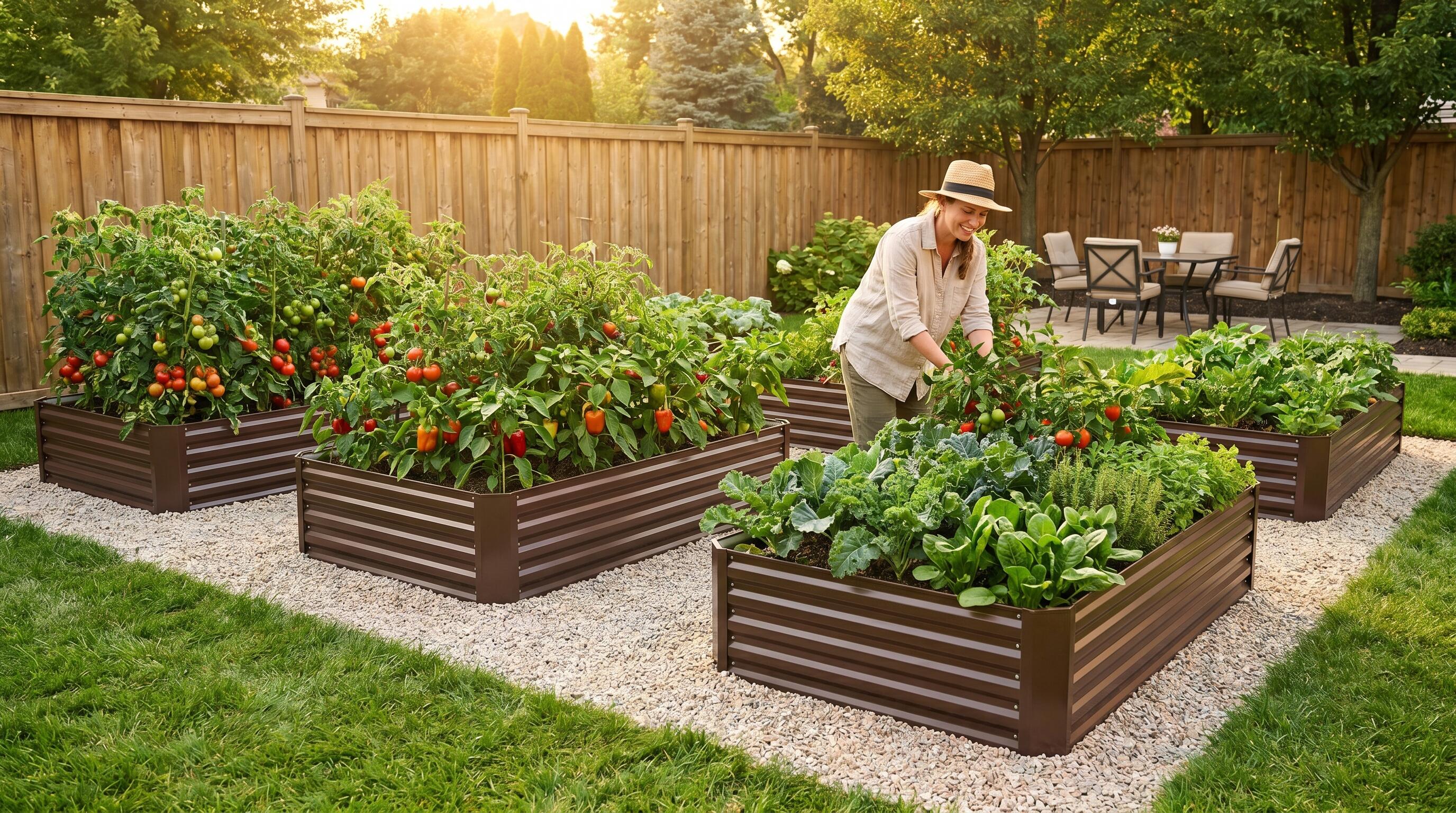 Anleolife galvanized steel raised garden beds in a small backyard with thriving vegetable plants