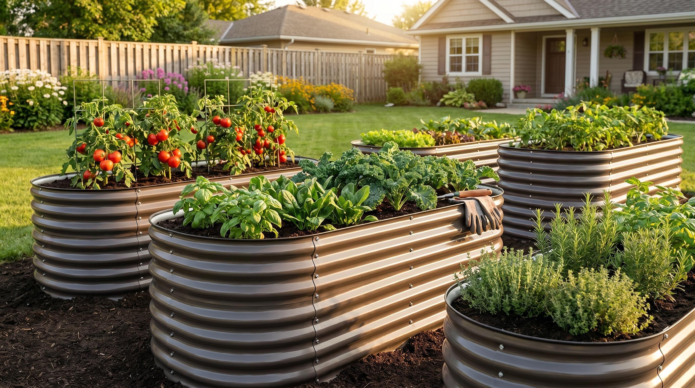 Anleolife galvanized steel raised garden beds with freshly amended soil and healthy vegetable plants growing vigorously