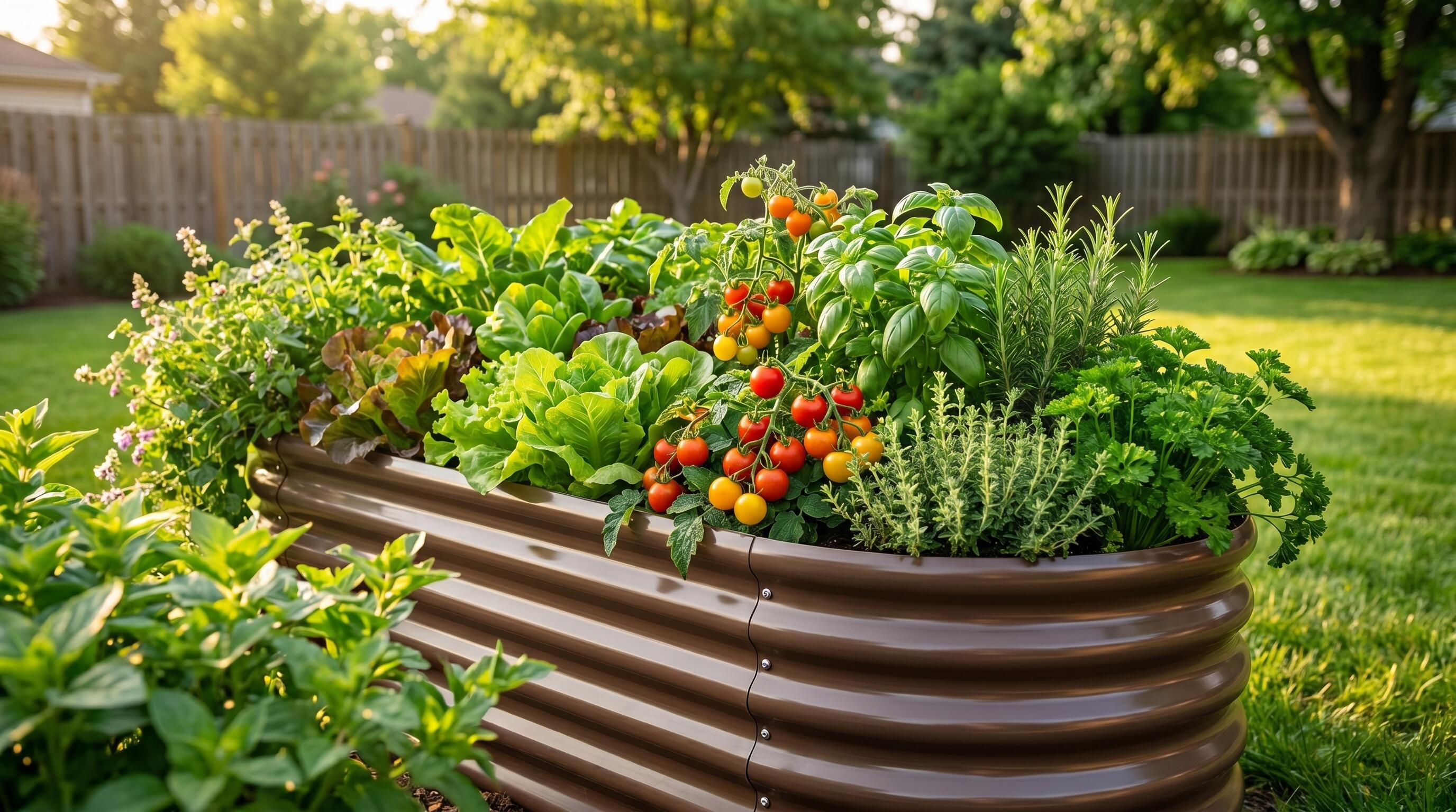 A lush raised garden bed filled with spring vegetables including lettuce, tomatoes, and herbs in a sunny backyard