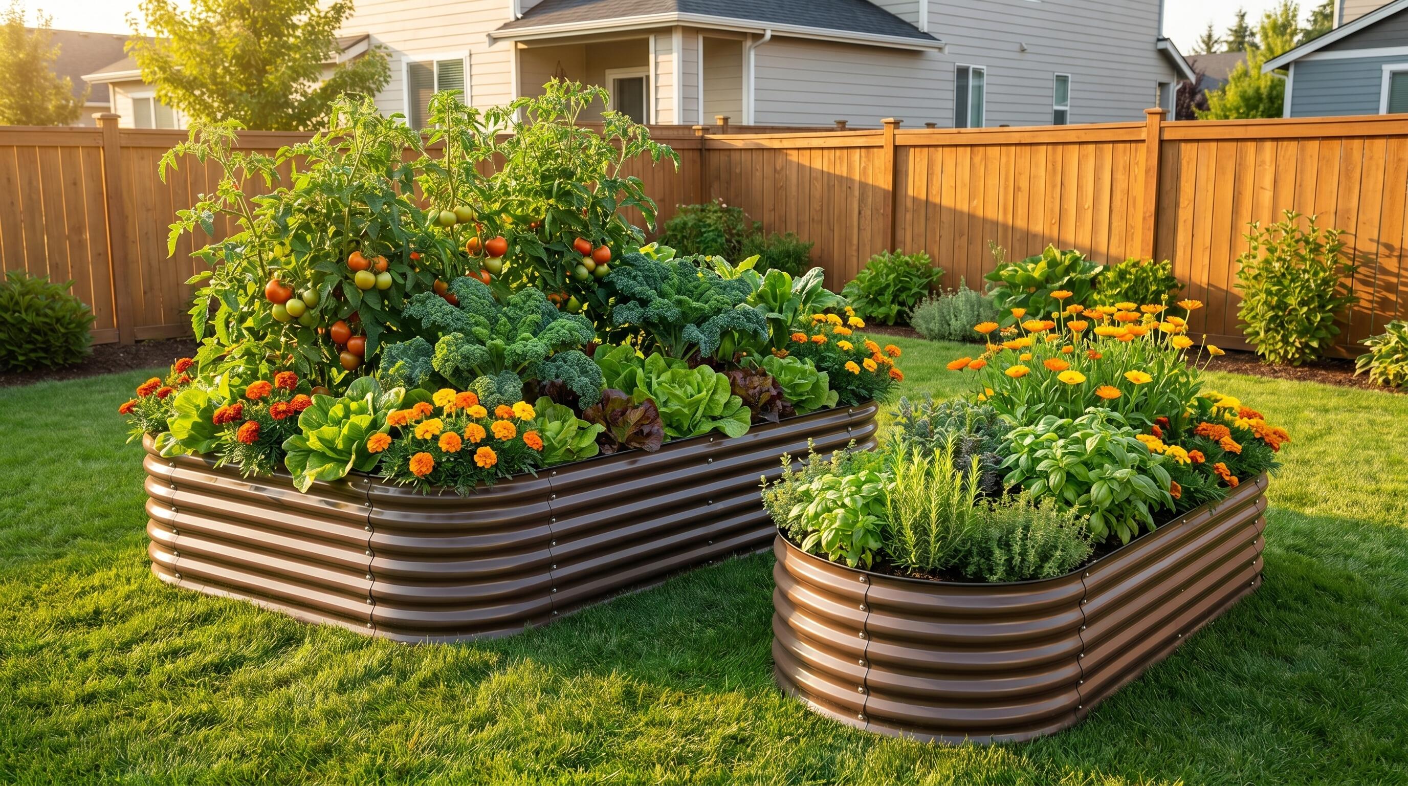 A thriving backyard garden with raised garden beds, vegetables, and flowers built on a budget under $1000