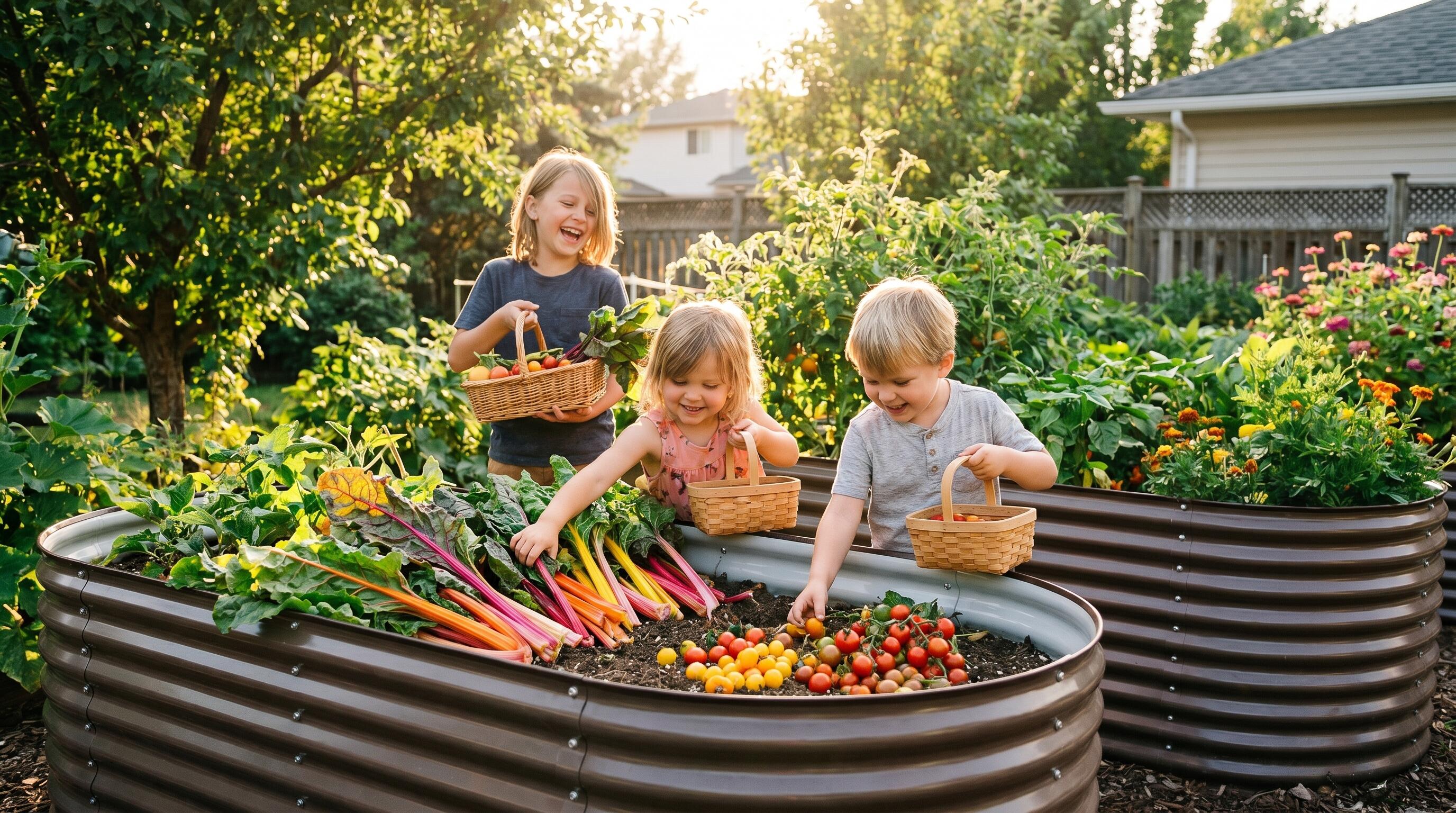 Kids harvesting colorful vegetables from galvanized steel raised garden beds in a sunny backyard