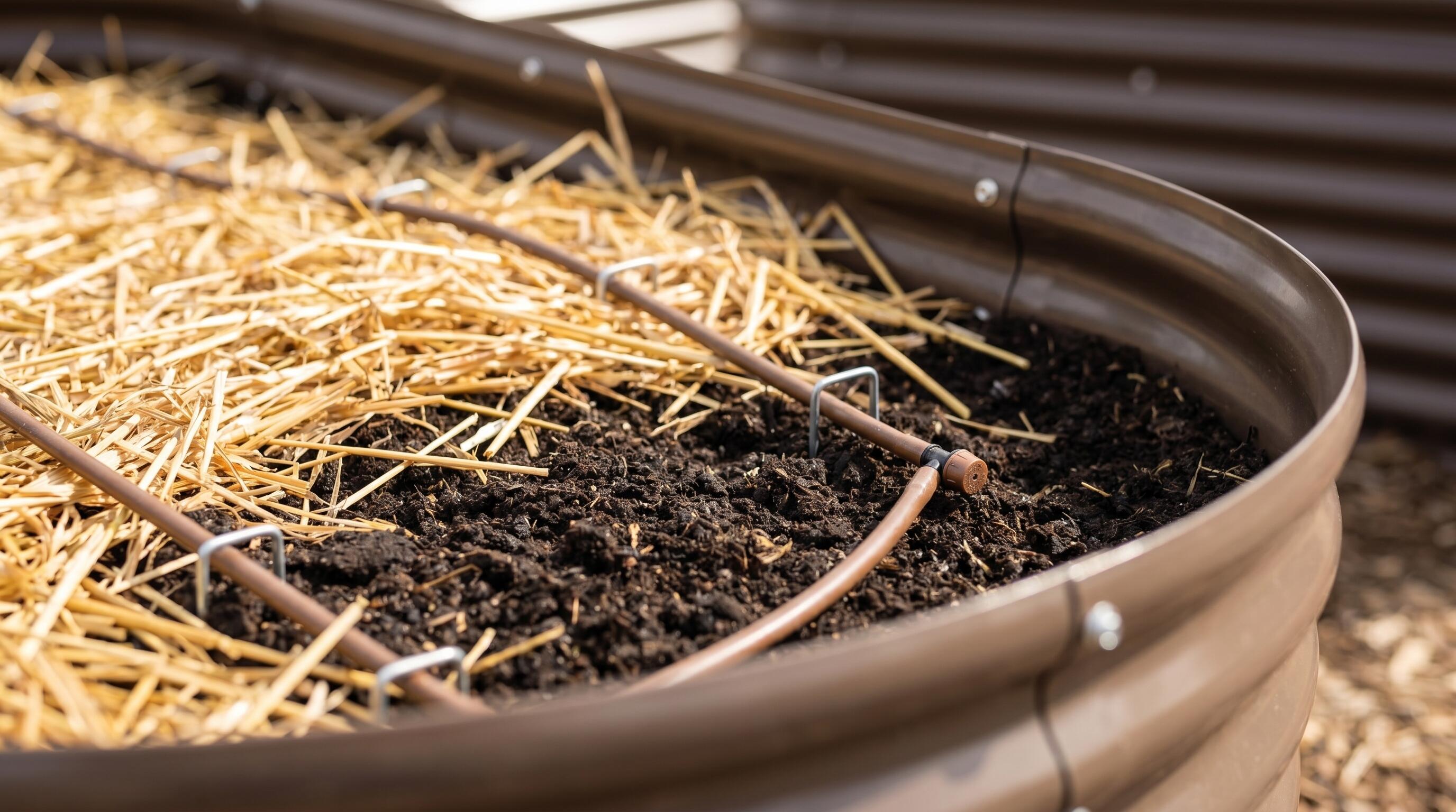 Drip emitter lines secured with garden staples inside an Anleolife galvanized steel raised garden bed, covered with straw mulch
