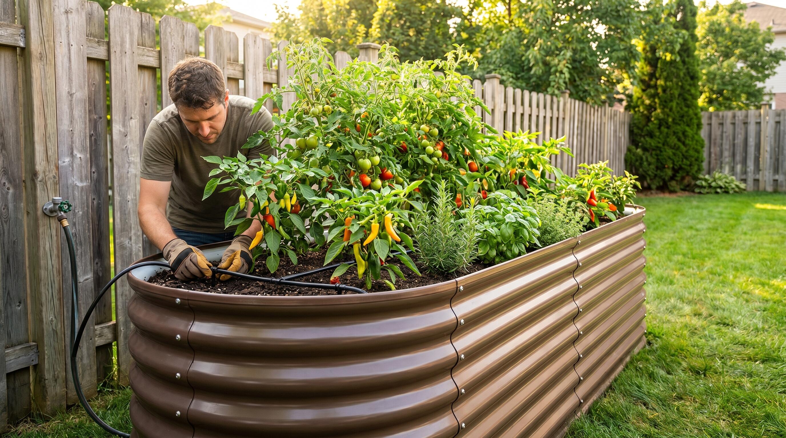 A gardener installing drip irrigation tubing across a galvanized raised garden bed filled with thriving vegetables