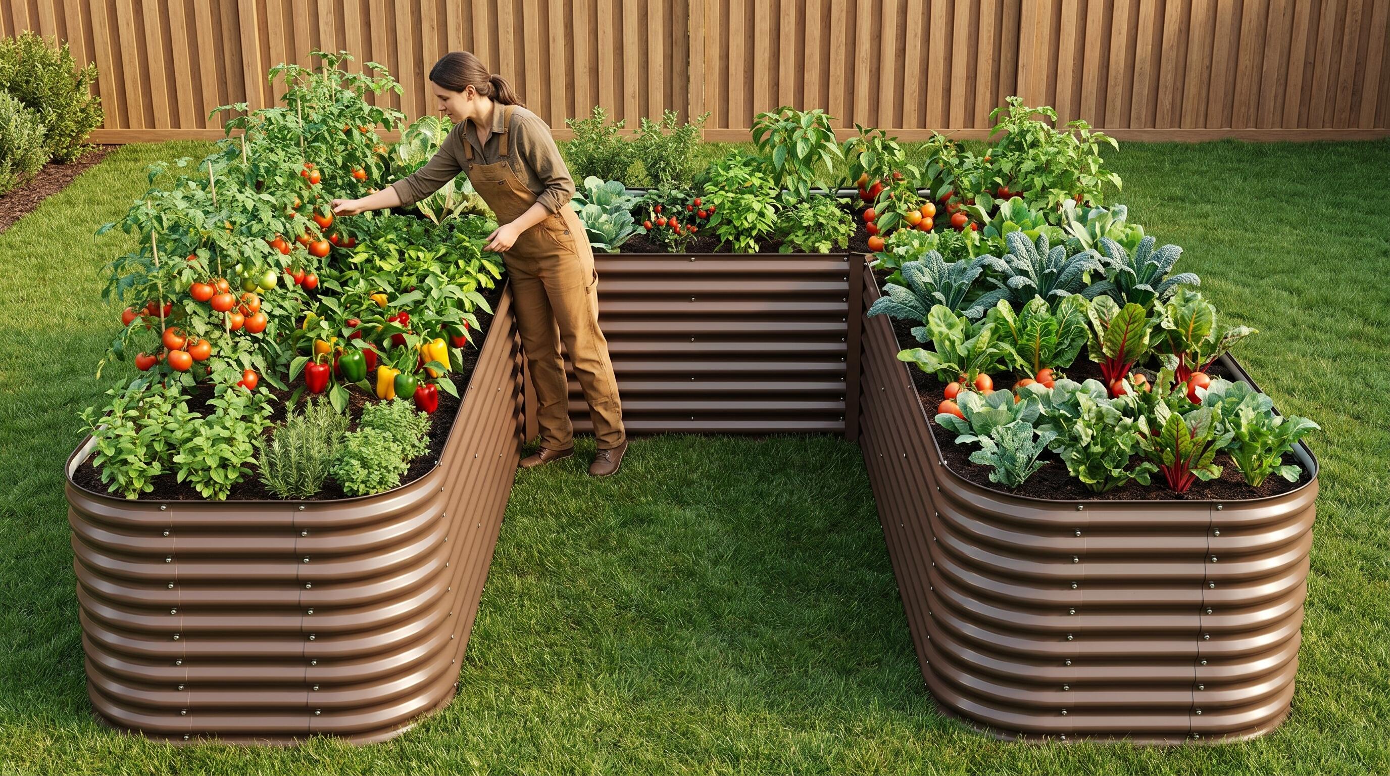 Galvanized steel raised garden beds arranged in a U-shape layout in a well-maintained backyard garden