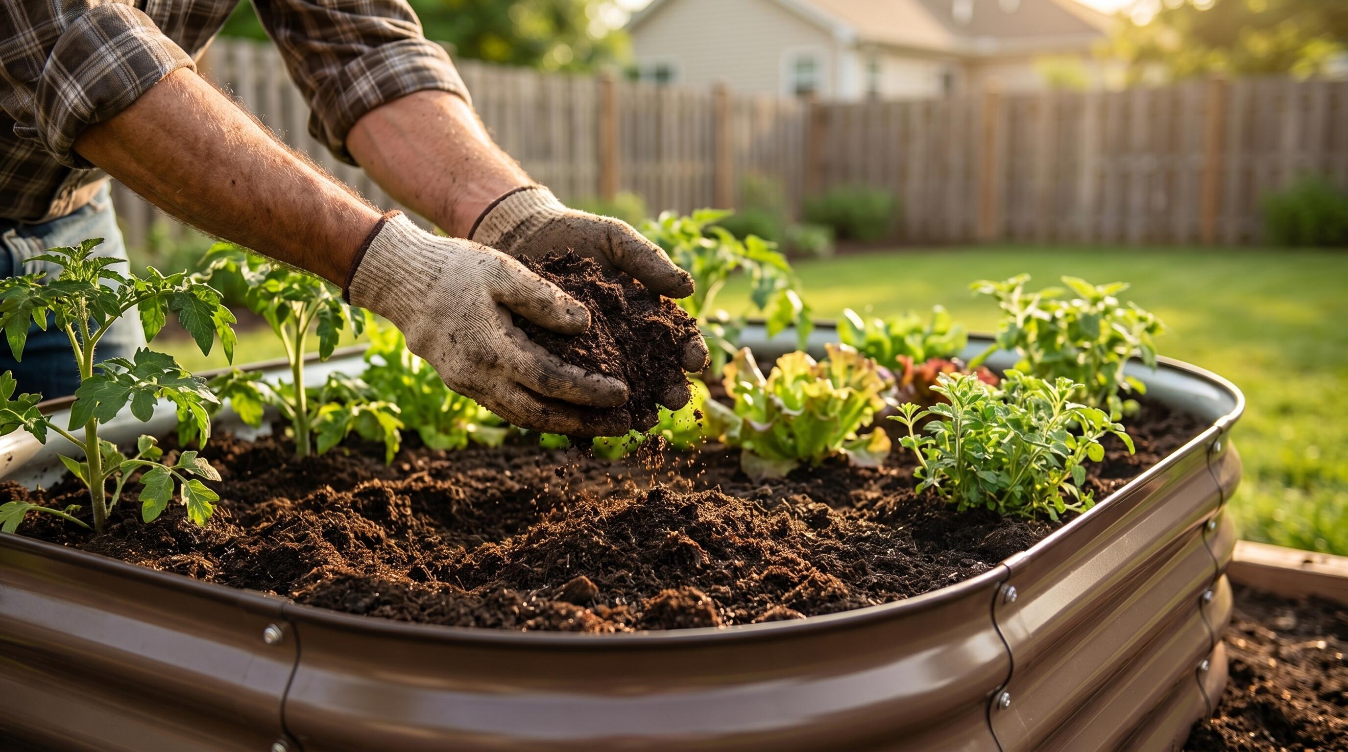 A gardener refreshing raised garden bed soil with compost and organic amendments for maximum vegetable yields