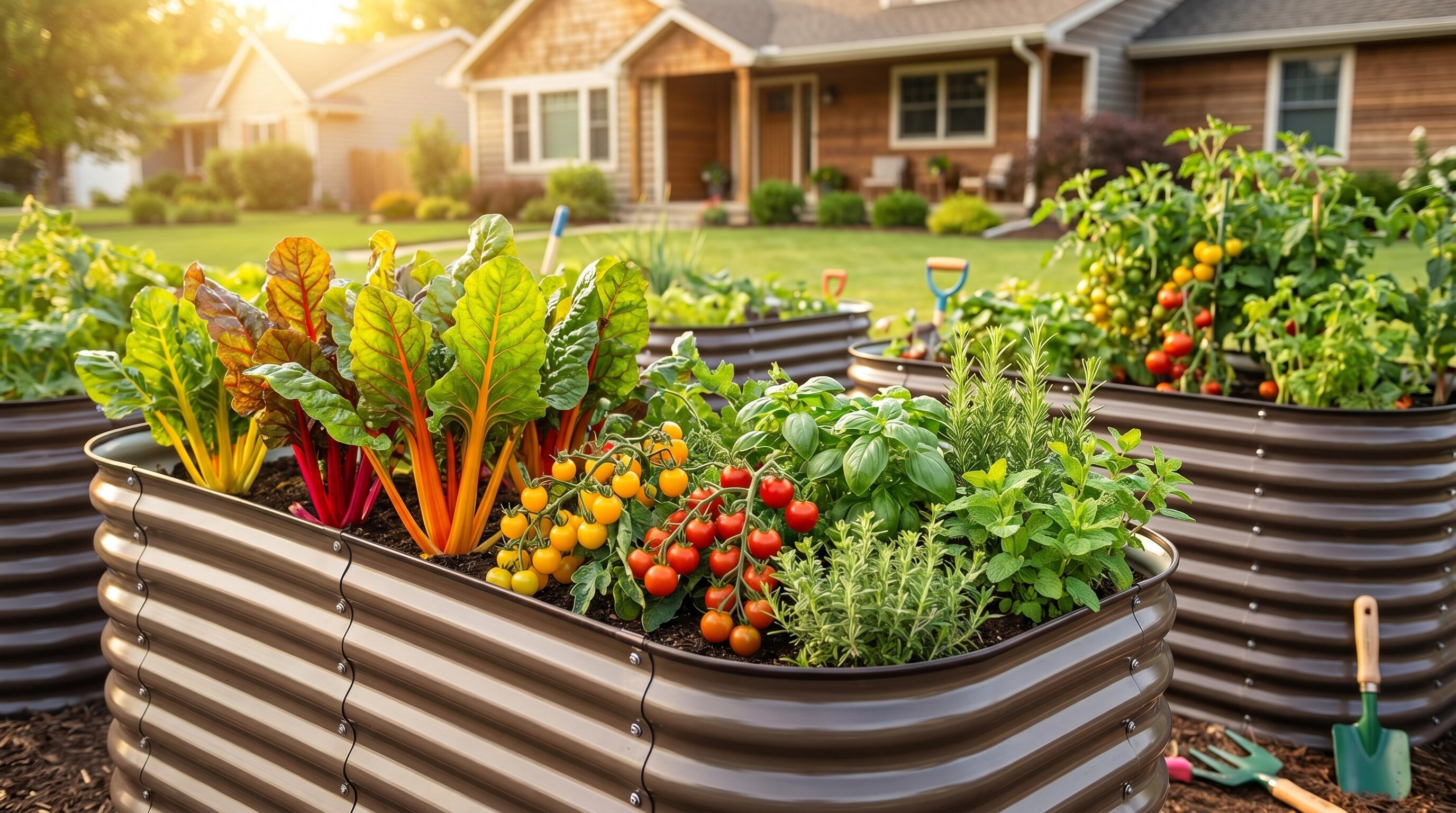 Colorful raised garden beds filled with vegetables, herbs, and flowers for kids to enjoy all summer