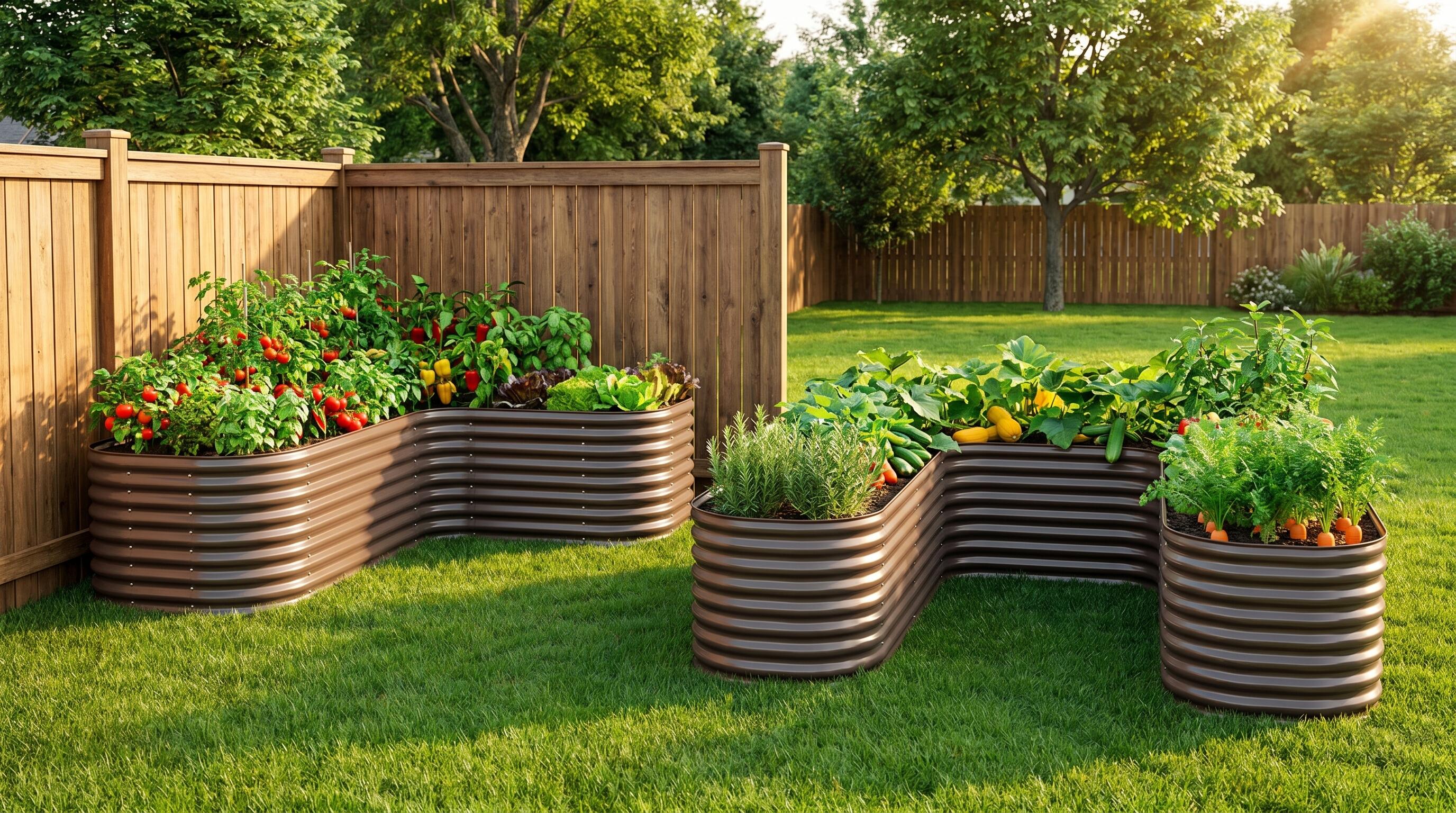 Two raised garden bed layouts side by side showing L-shape and U-shape configurations in a lush backyard