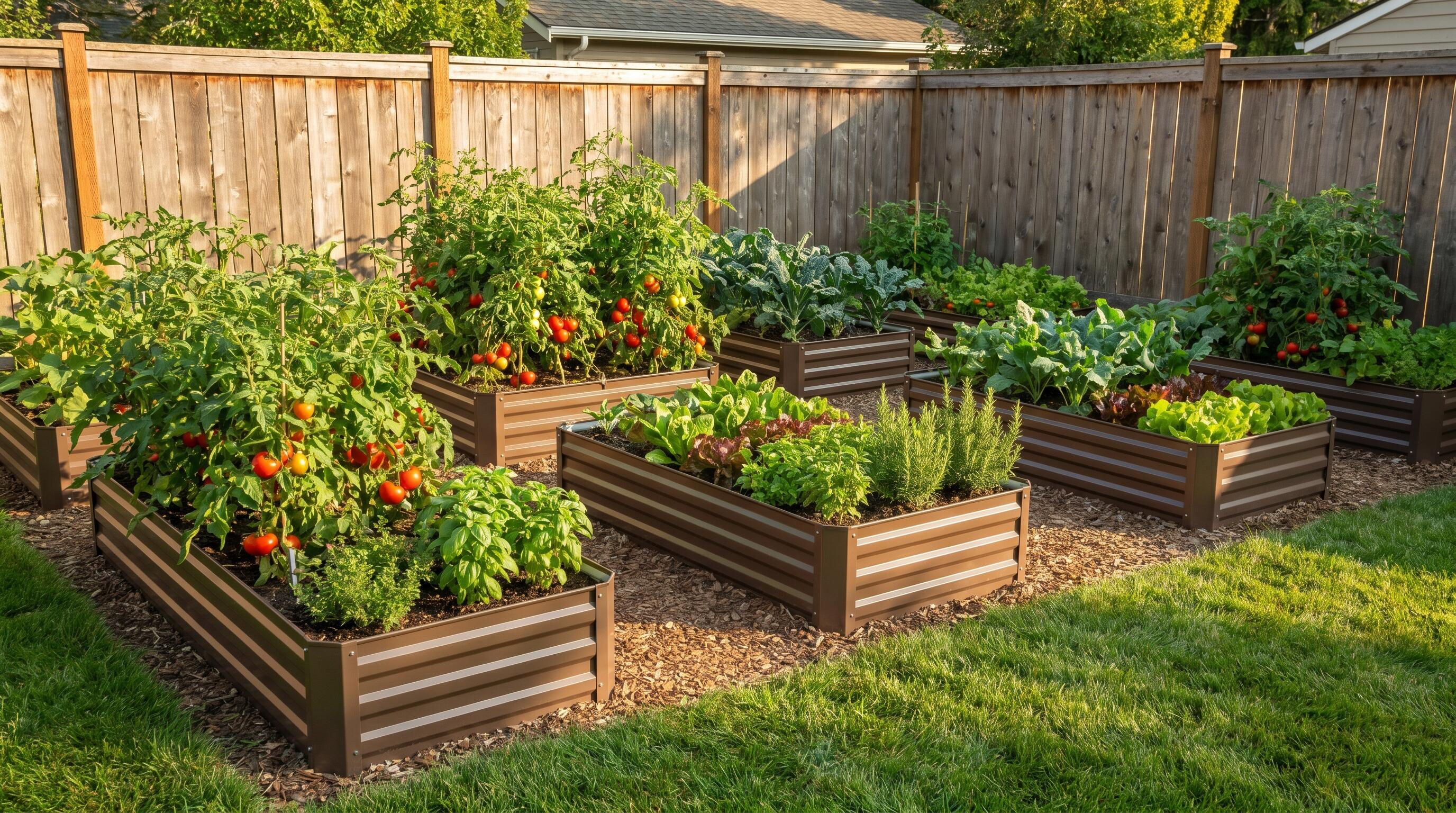 A small backyard transformed with raised garden beds filled with vegetables and herbs