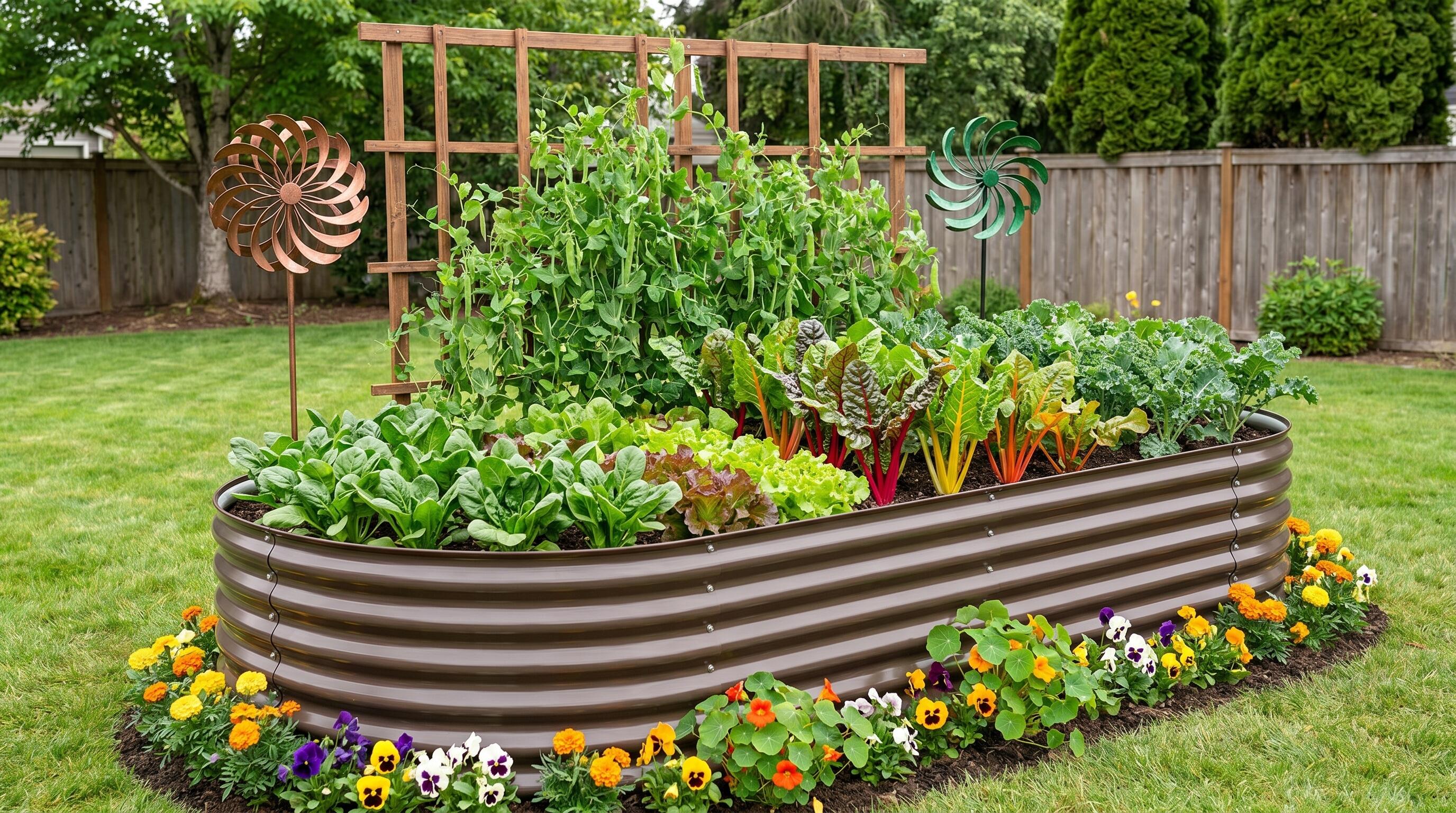 A well-organized raised garden bed with spring vegetables, trellis for climbing plants, and colorful flowers in a suburban backyard
