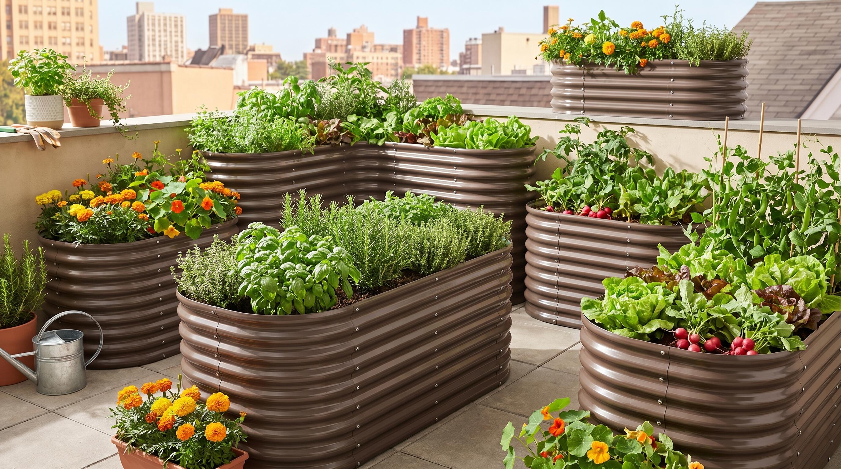 Modular galvanized steel raised garden beds on a terrace with vegetables and herbs growing in an urban setting