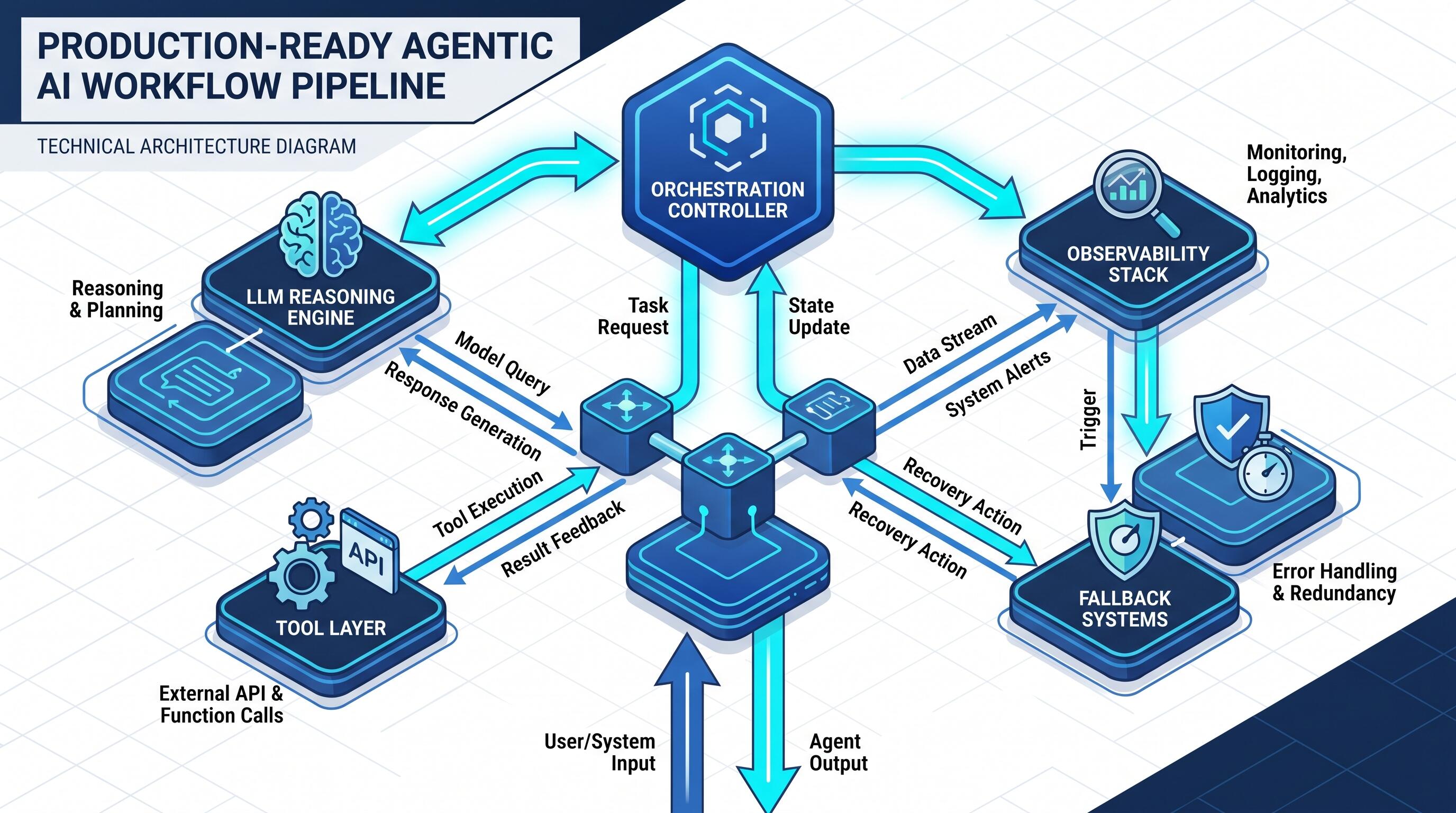 Agentic workflow architecture diagram showing production-ready AI systems design pipeline