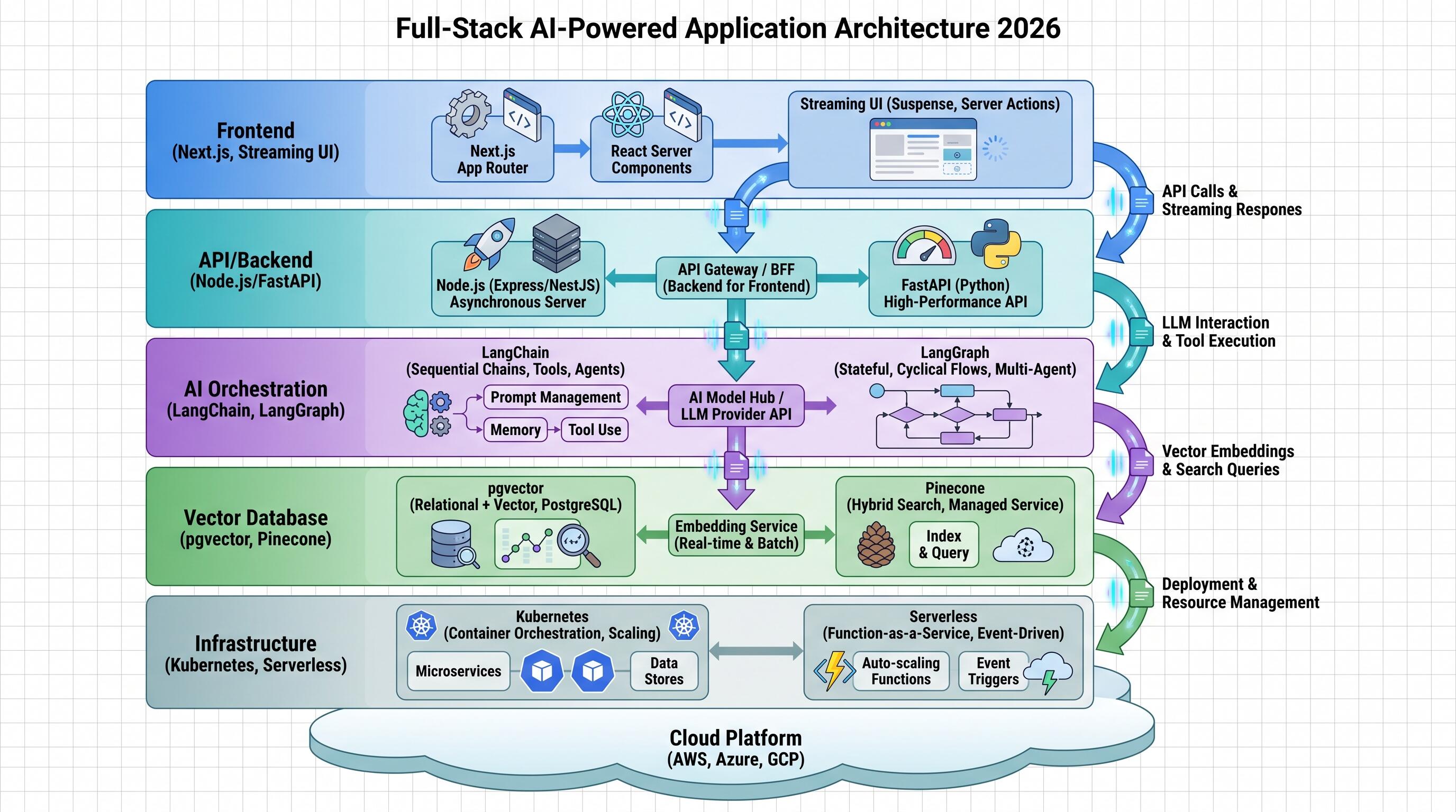 AI application architecture diagram showing frontend, API, orchestration, vector database, and infrastructure layers