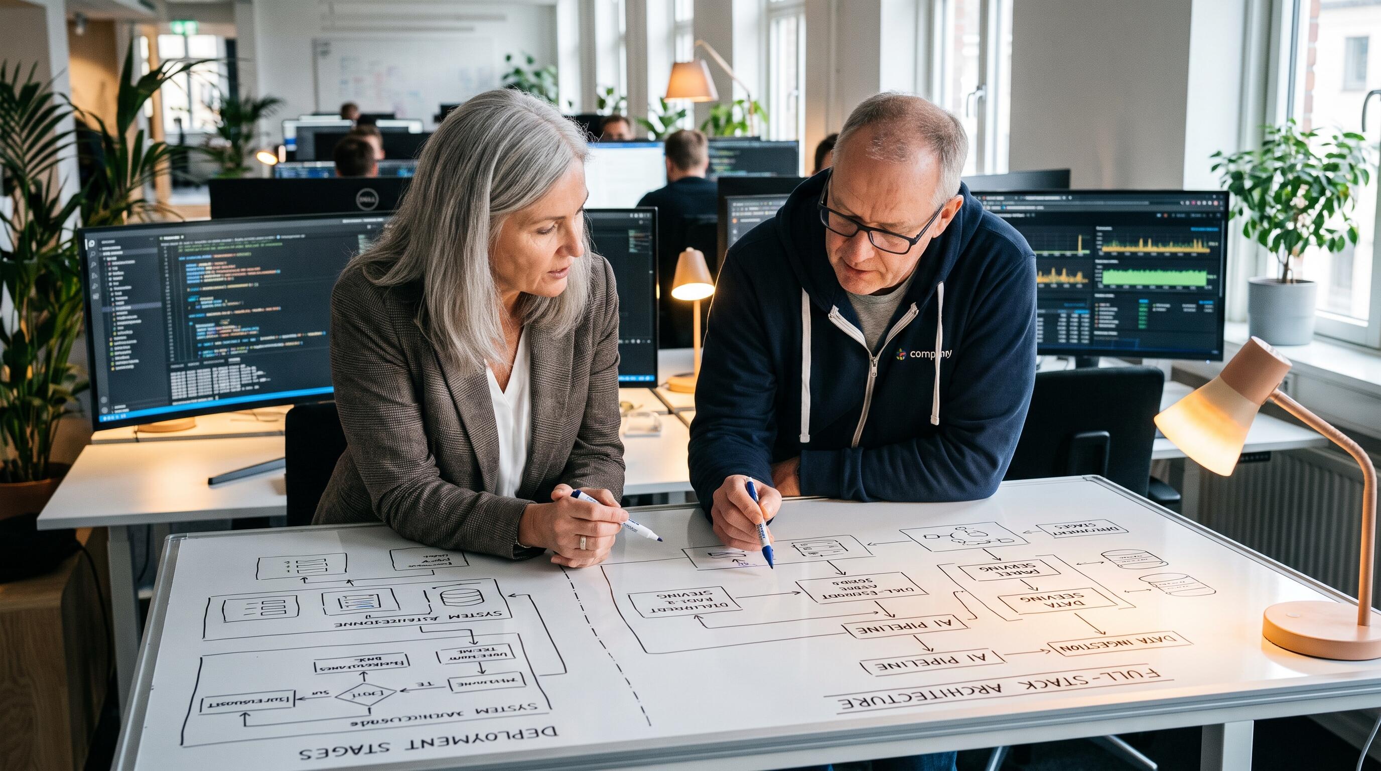 AI engineering system design and full-stack product development architecture whiteboard