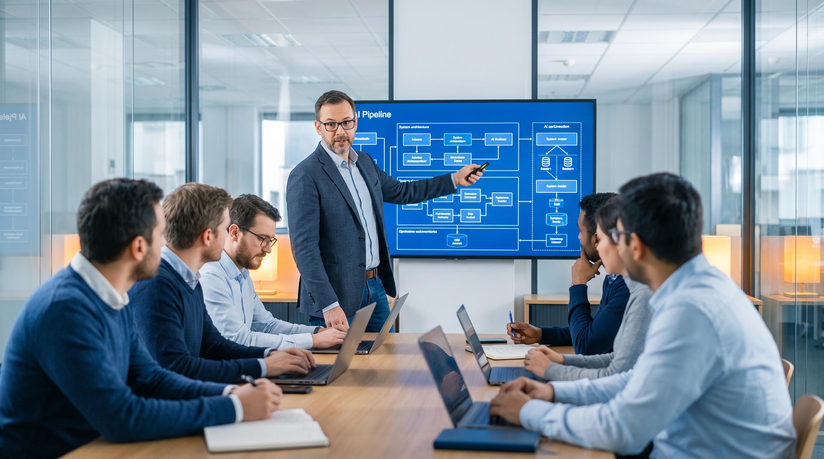 An Engineering Director reviewing system architecture diagrams and AI pipeline designs with their team