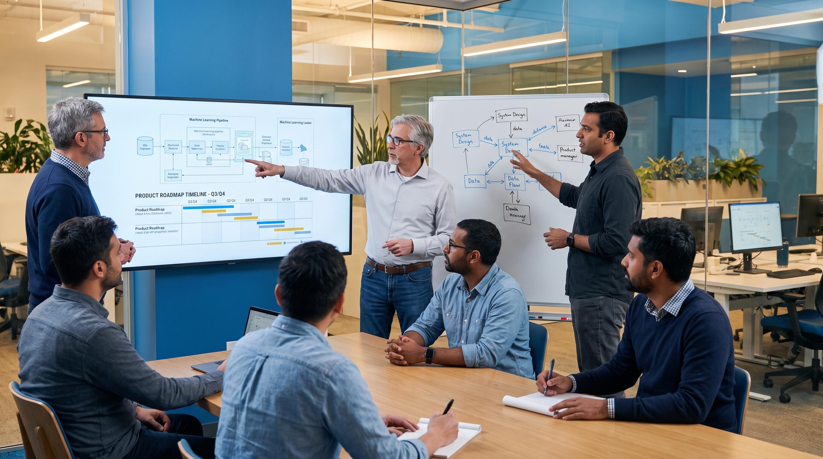 Senior engineering leader reviewing machine learning pipeline architecture and product roadmap with cross-functional team