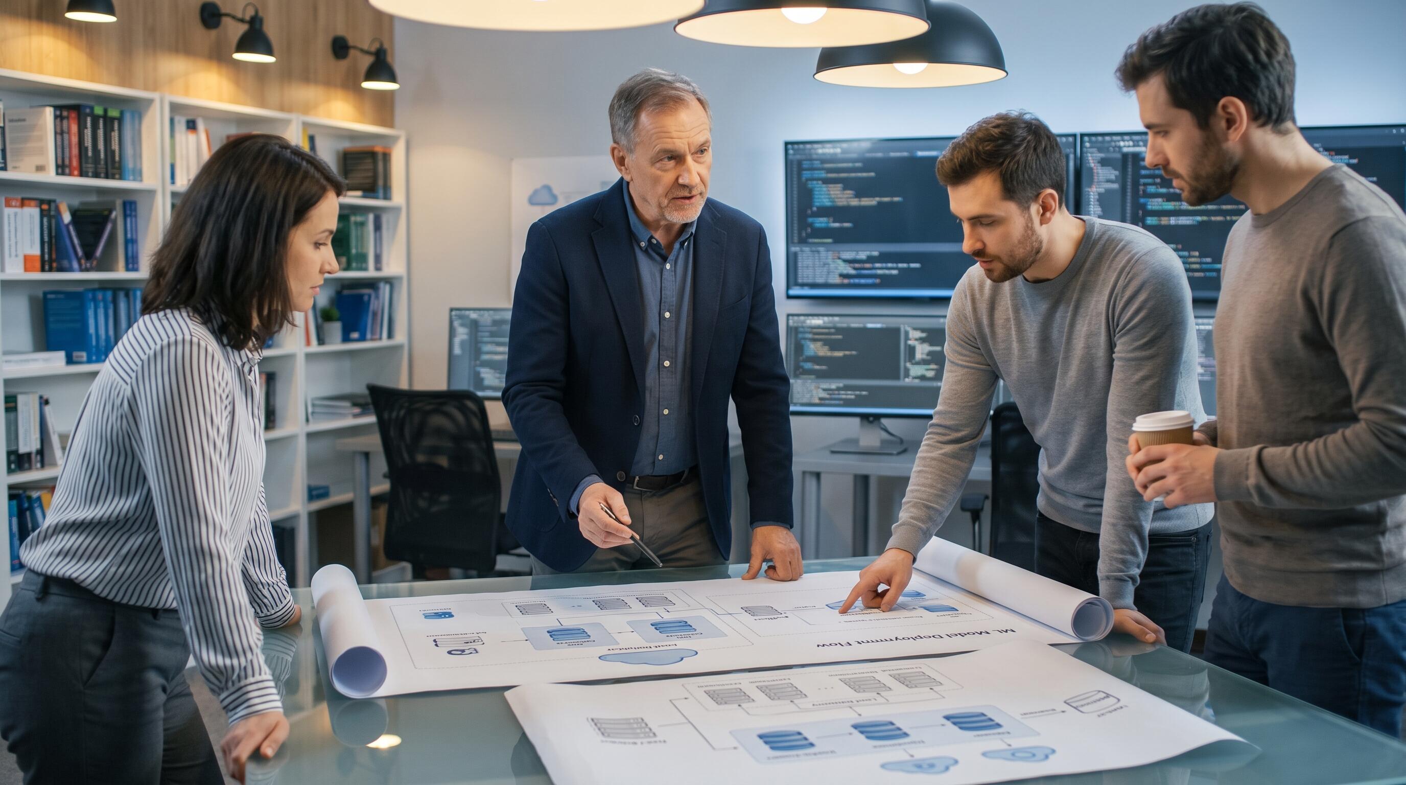 Engineering director reviewing production system architecture diagrams with a startup team in a modern tech office