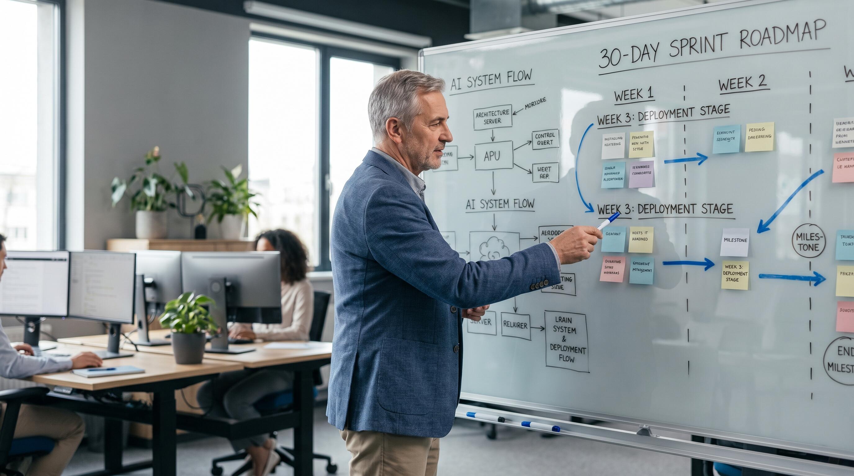 A developer mapping out a 30-day product launch roadmap on a whiteboard with AI architecture diagrams
