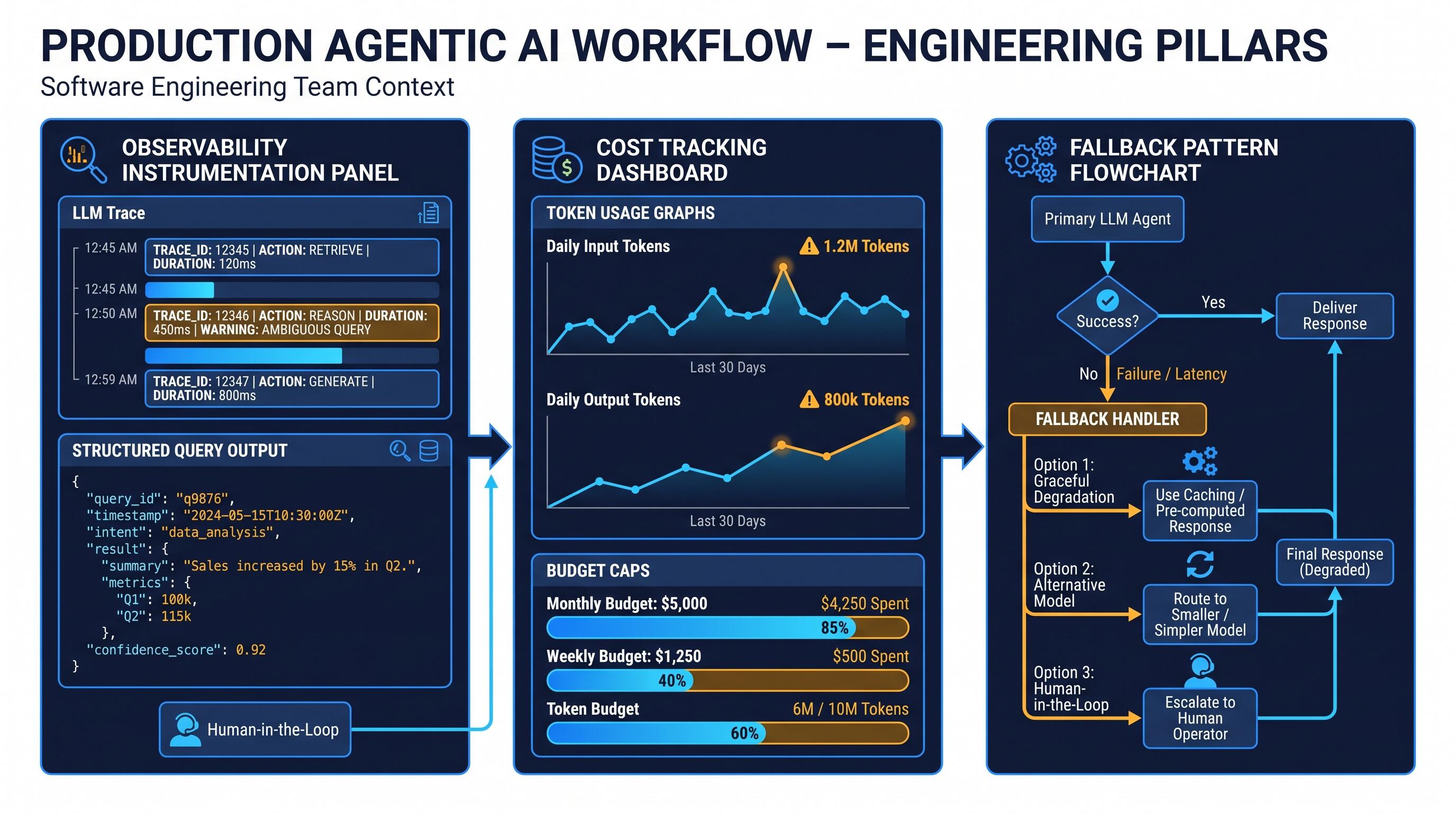 Production agentic workflow with observability, cost tracking, and fallback systems design