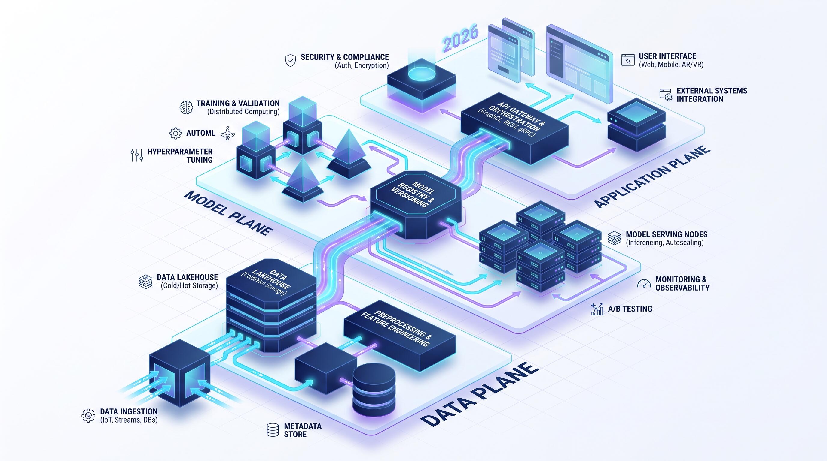 Scalable AI architecture diagram showing production-ready systems design for 2026