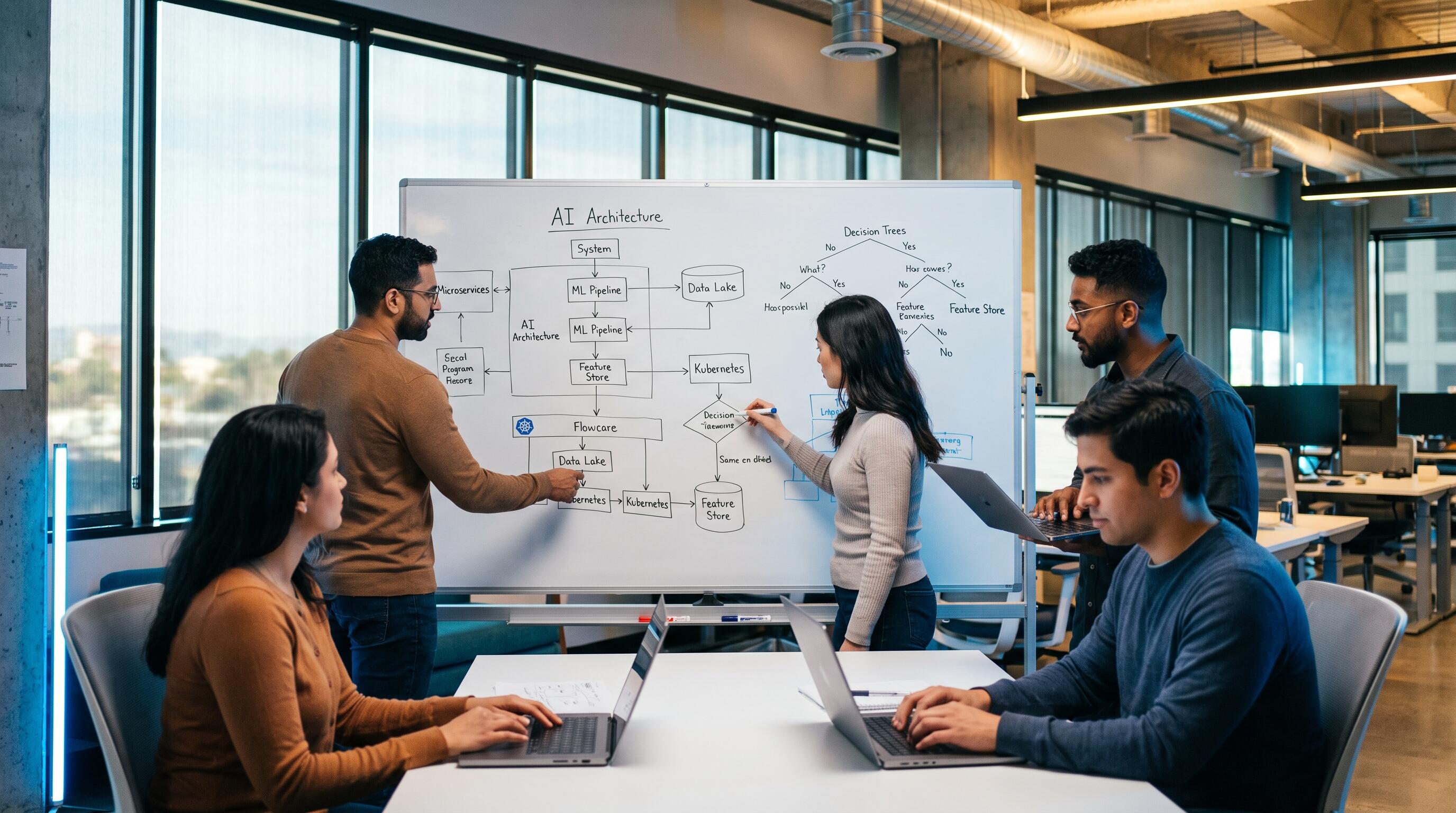 A startup engineering team gathered around a whiteboard mapping out AI architecture and systems design strategy