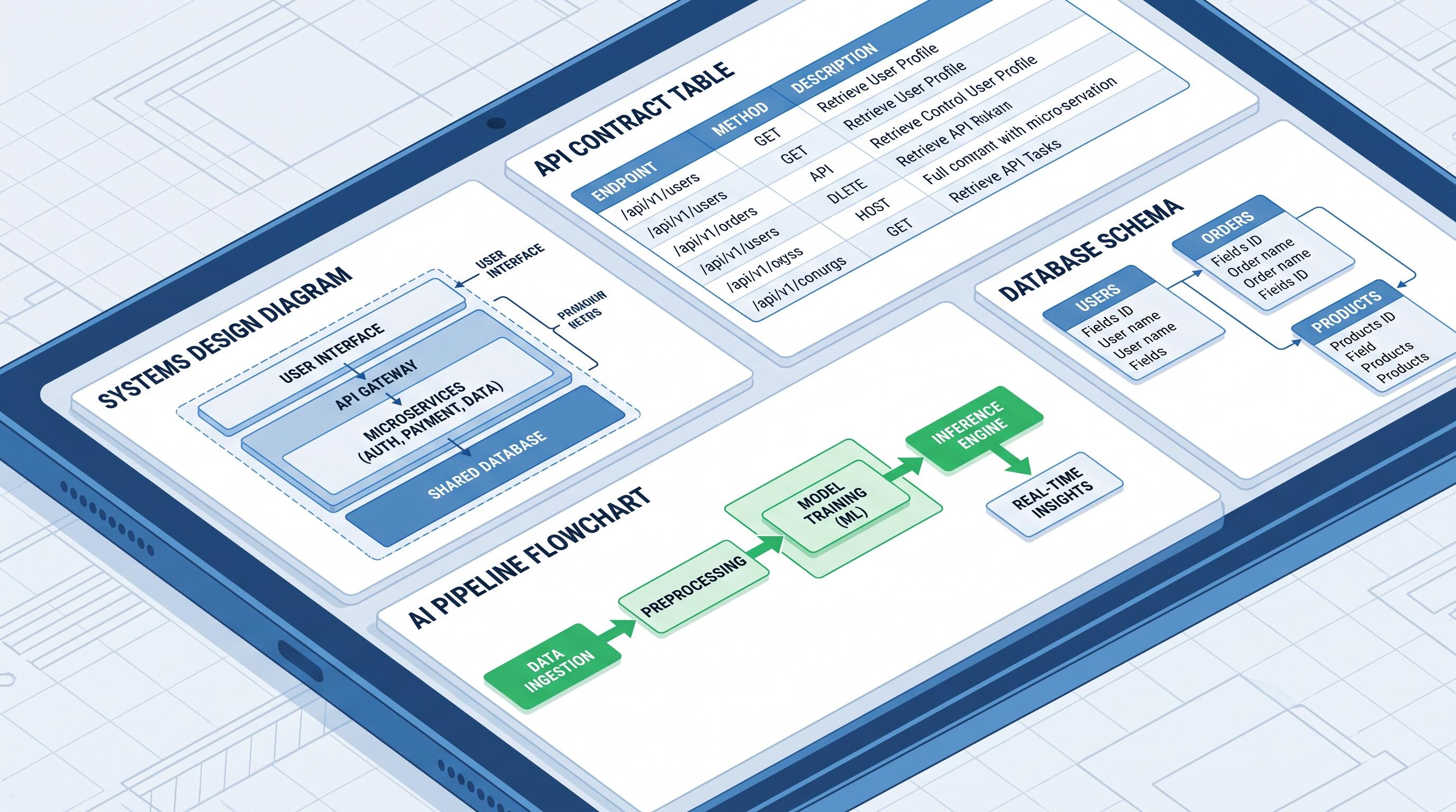 Technical specification document with systems design diagrams, API contracts, and AI architecture blueprint on a shared engineering workspace
